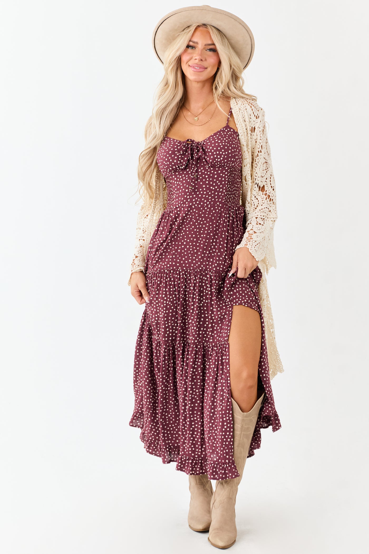 Wine Polka Dot Sleeveless Tiered Maxi Dress
