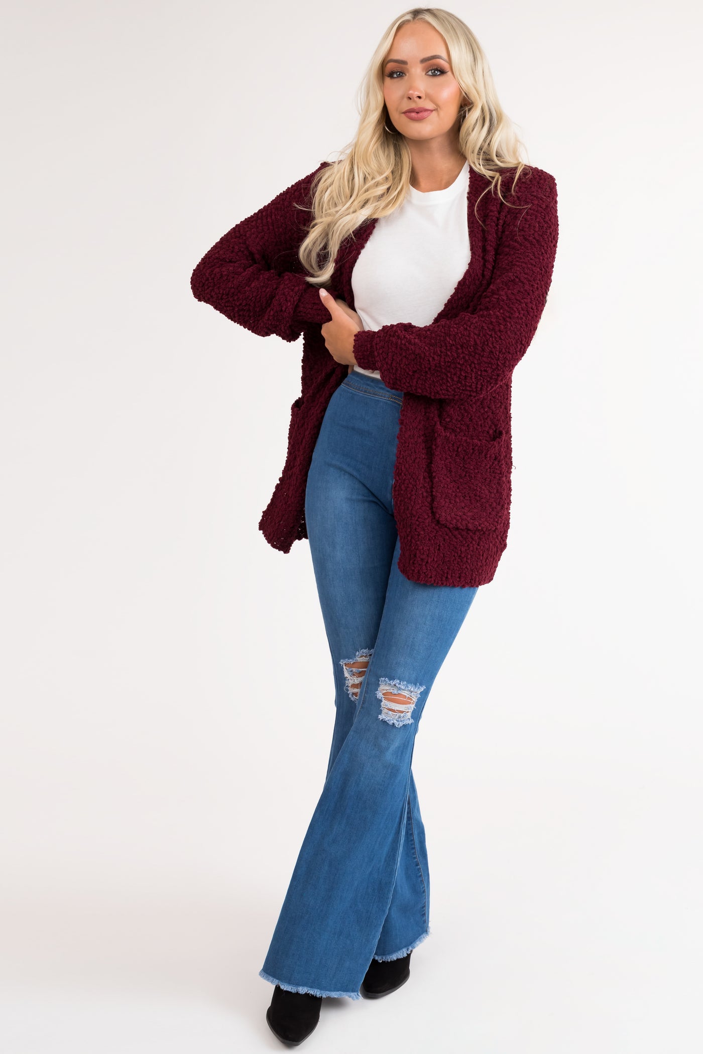 Wine Popcorn Knit Open Front Cardigan