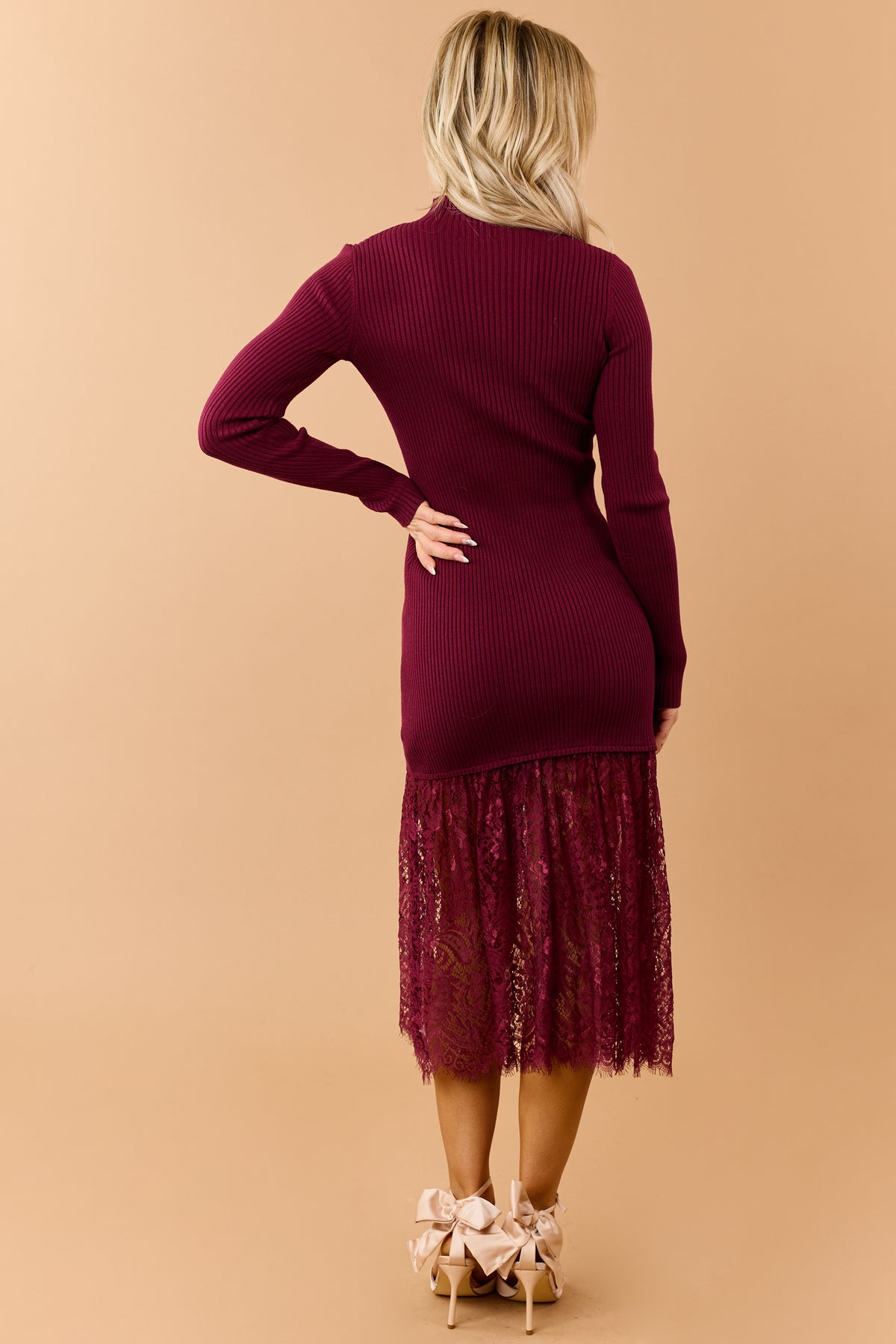 Wine Rib Knit Mock Neck Lace Hem Midi Dress
