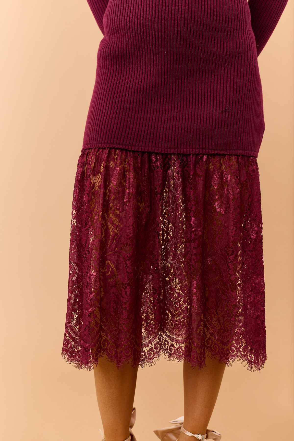 Wine Rib Knit Mock Neck Lace Hem Midi Dress
