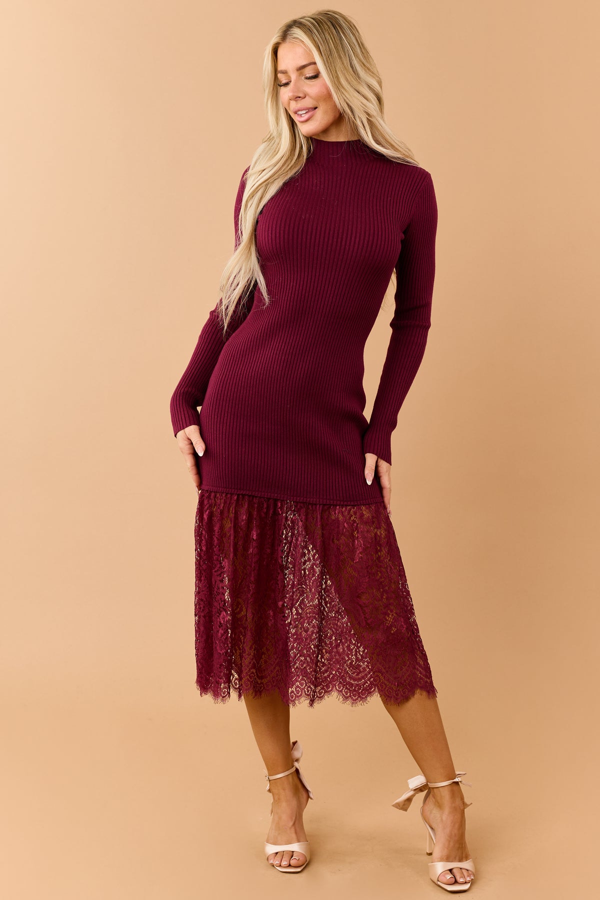 Wine Rib Knit Mock Neck Lace Hem Midi Dress