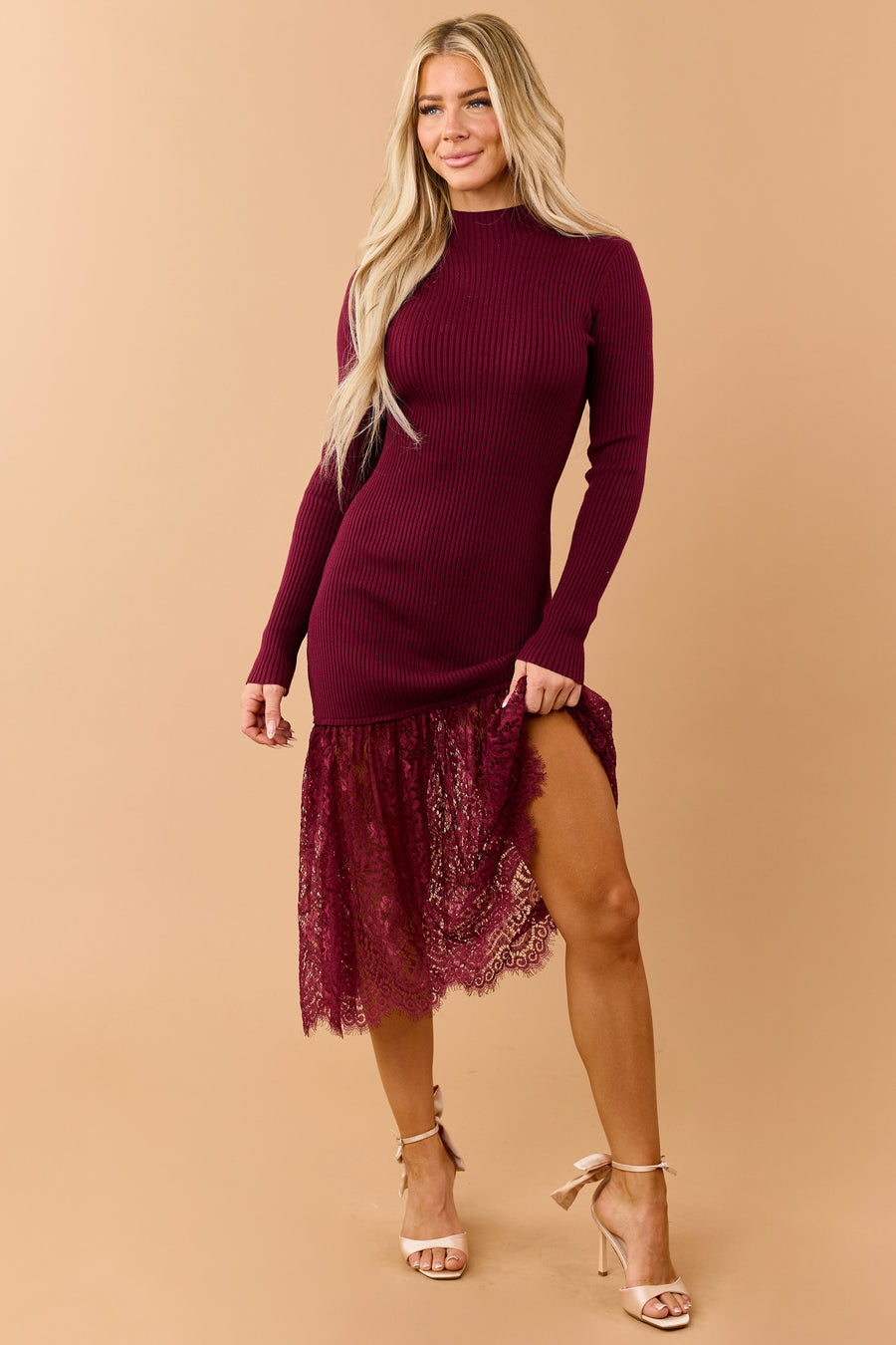 Wine Rib Knit Mock Neck Lace Hem Midi Dress