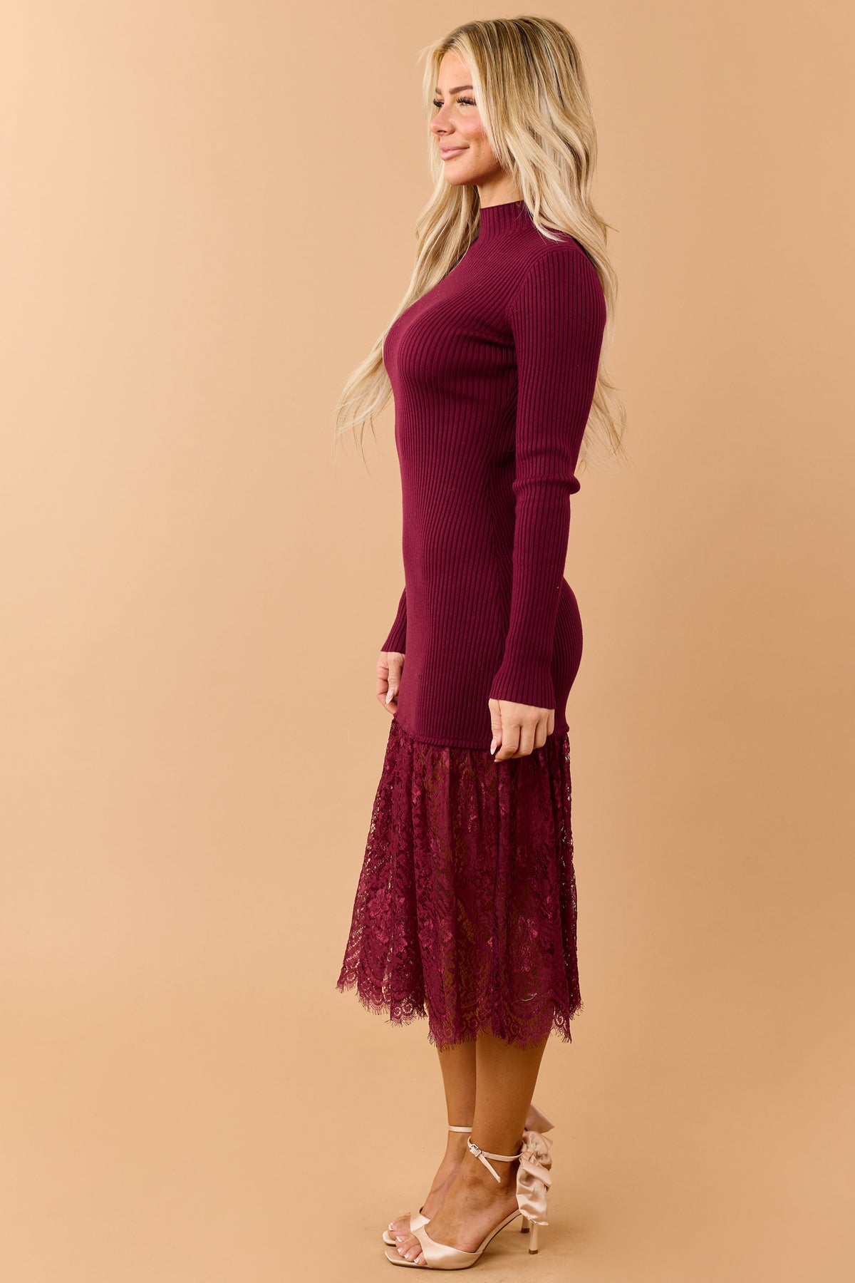Wine Rib Knit Mock Neck Lace Hem Midi Dress