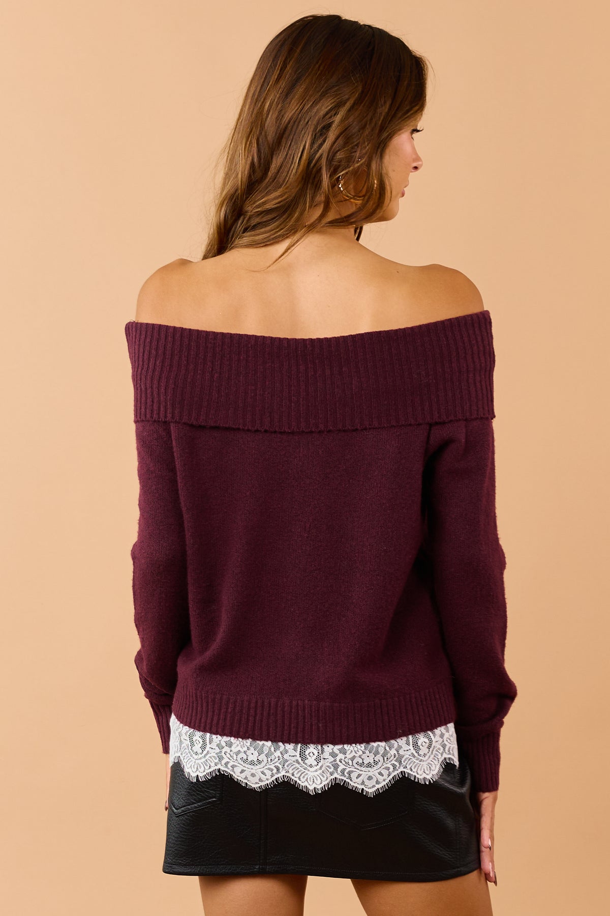 Wine Rib Knit Off Shoulder Lace Hem Sweater