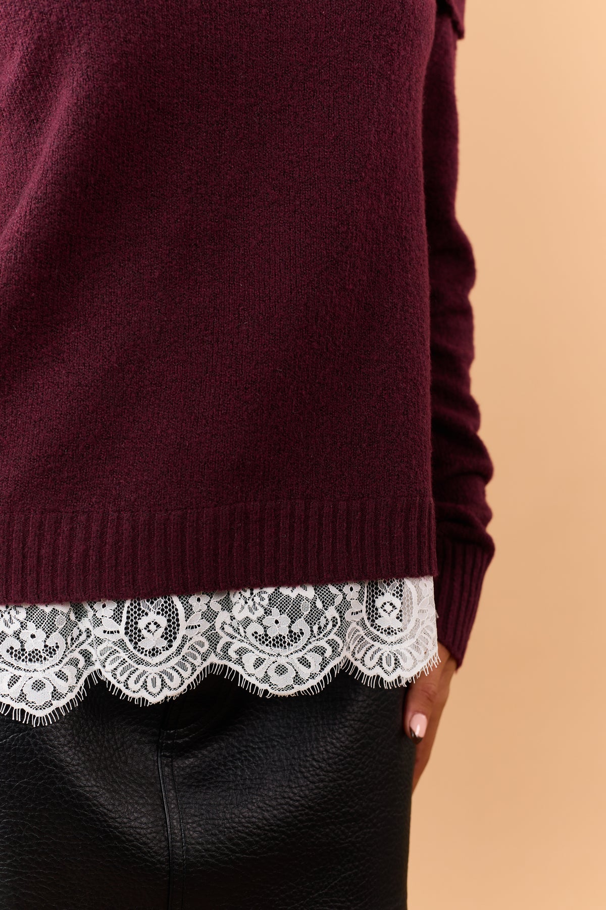 Wine Rib Knit Off Shoulder Lace Hem Sweater