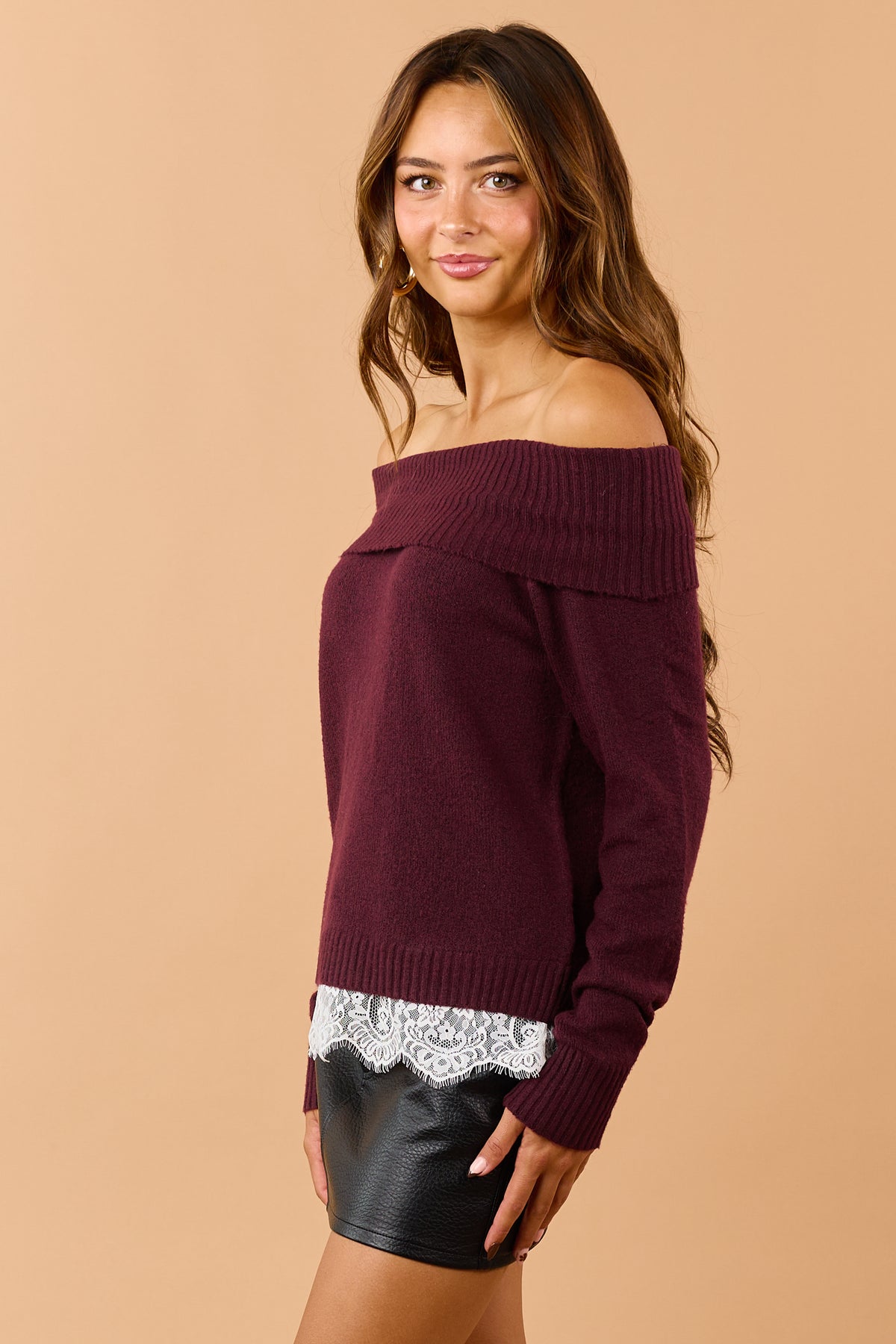 Wine Rib Knit Off Shoulder Lace Hem Sweater