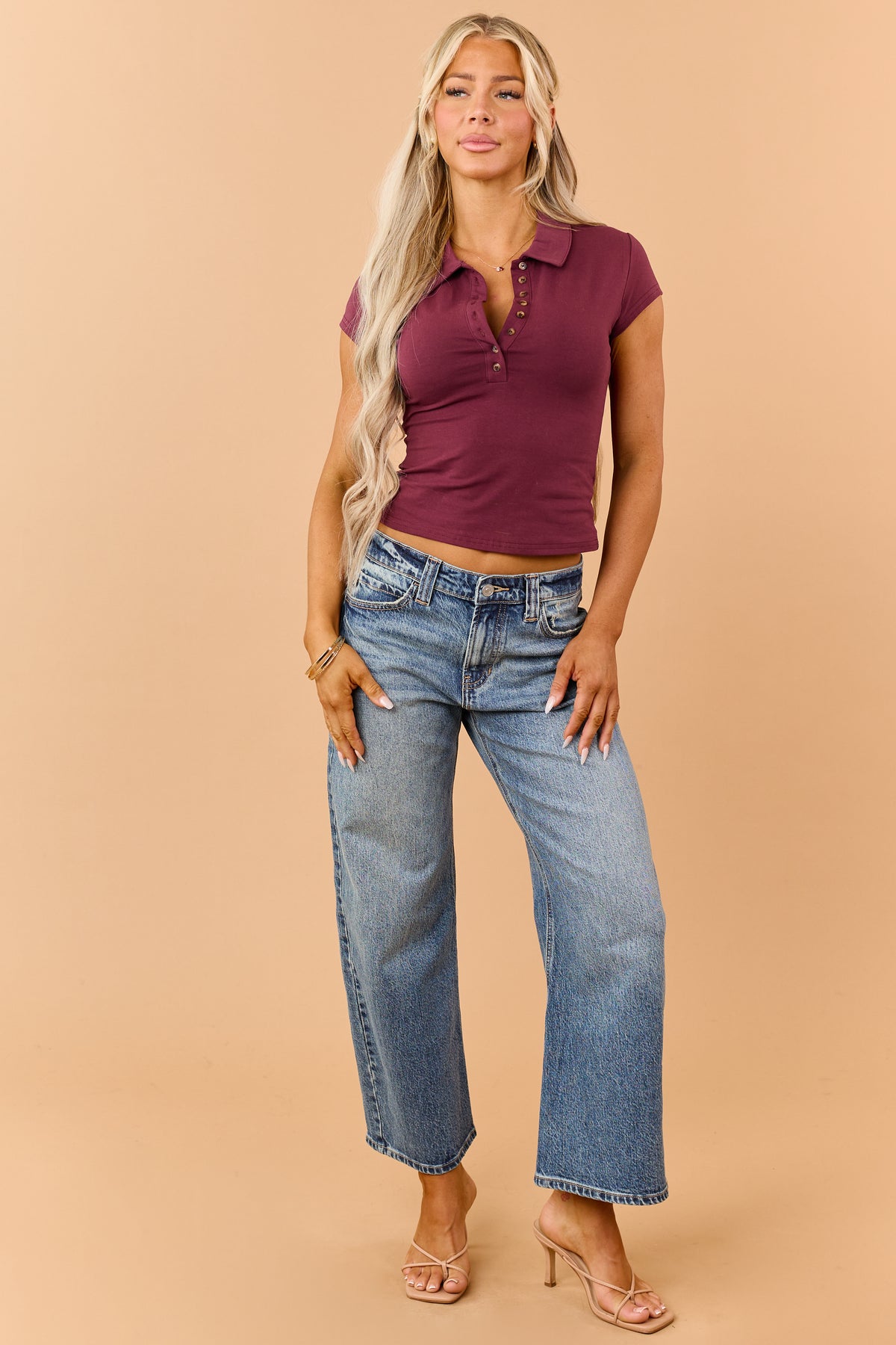 Wine Rib Knit Polo Style Short Sleeve Top