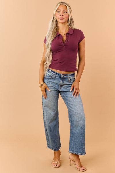 Wine Rib Knit Polo Style Short Sleeve Top