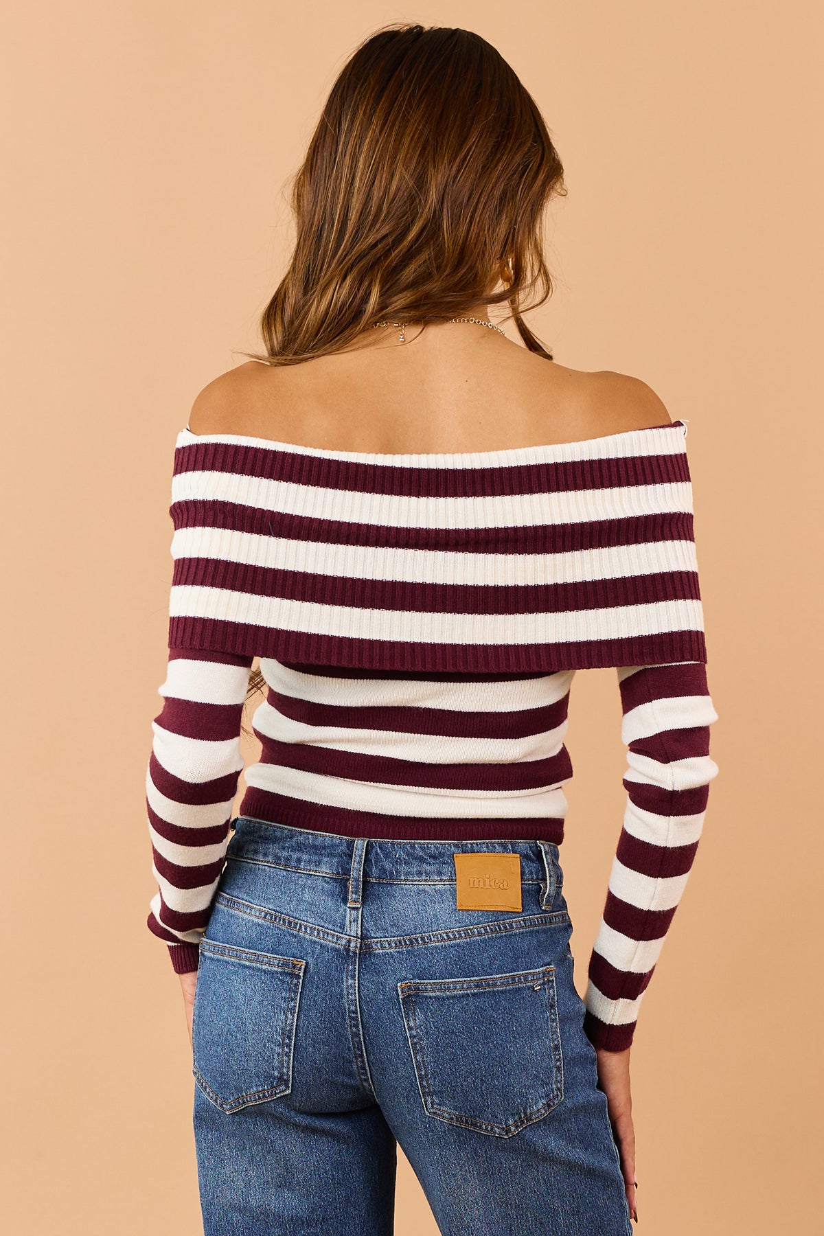 Wine Rib Knit Striped Off Shoulder Long Sleeve Top