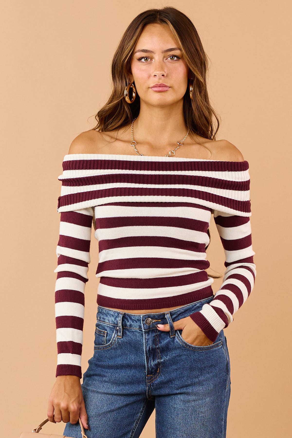 Wine Rib Knit Striped Off Shoulder Long Sleeve Top