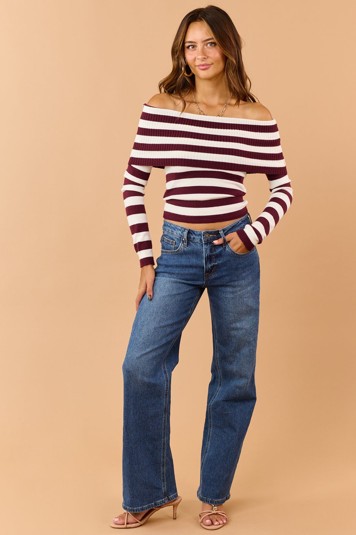 Wine Rib Knit Striped Off Shoulder Long Sleeve Top