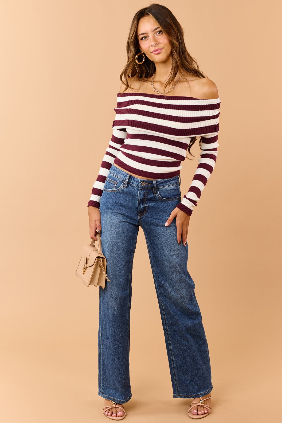 Wine Rib Knit Striped Off Shoulder Long Sleeve Top