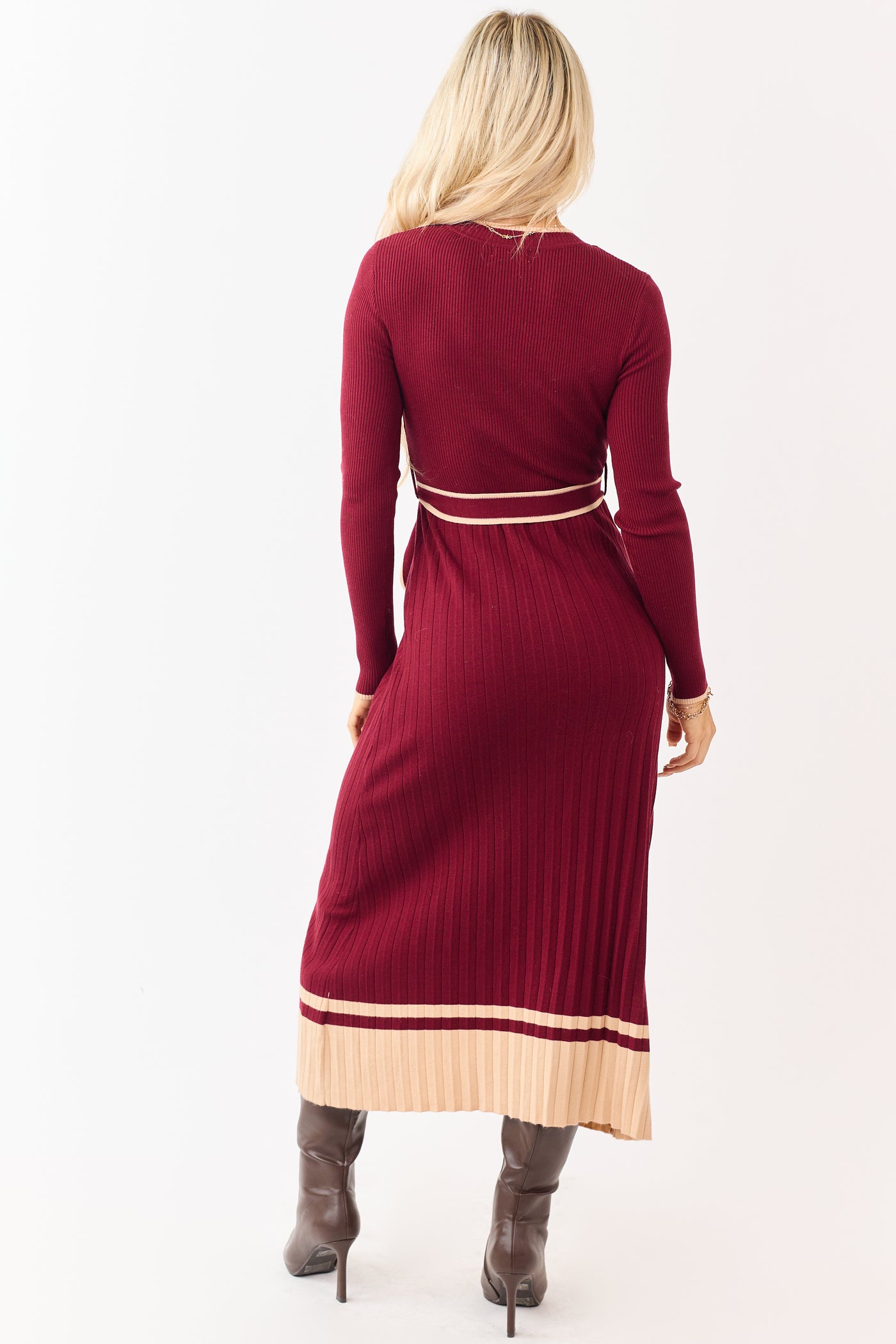 Wine Rib Knit Waist Tie Sweater Midi Dress