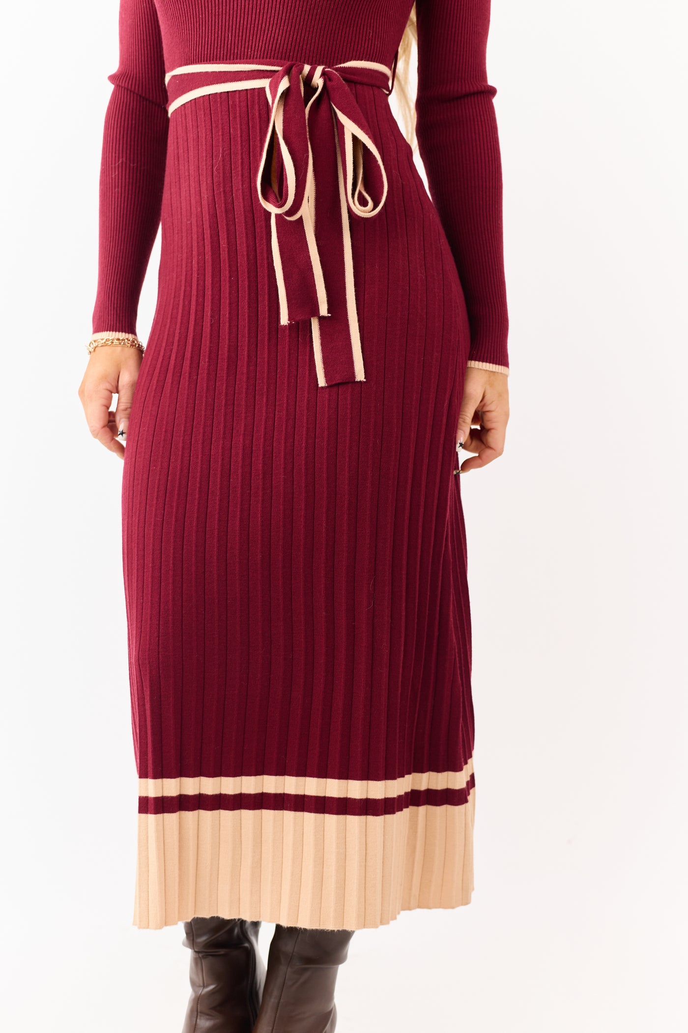 Wine Rib Knit Waist Tie Sweater Midi Dress