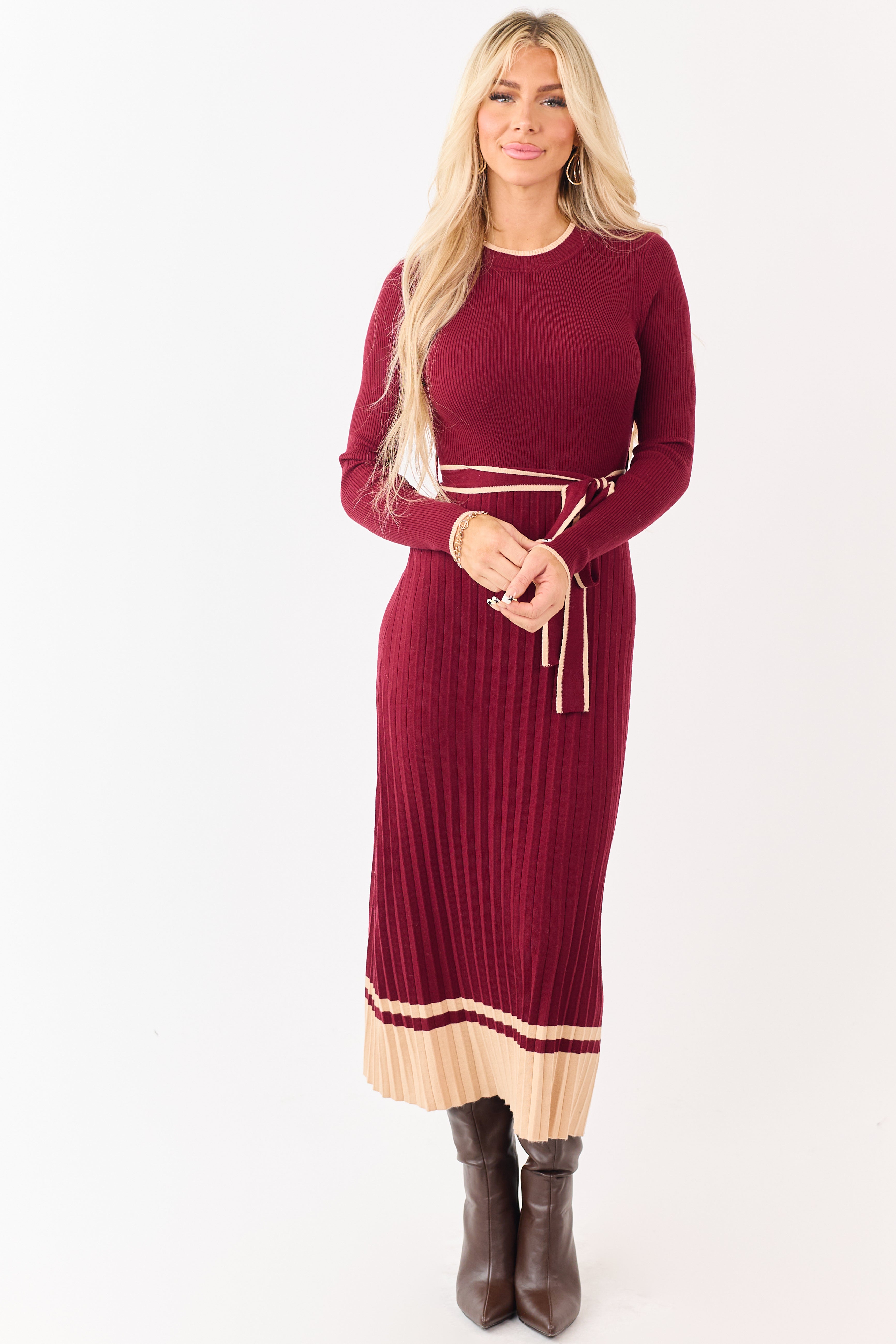 Wine Rib Knit Waist Tie Sweater Midi Dress