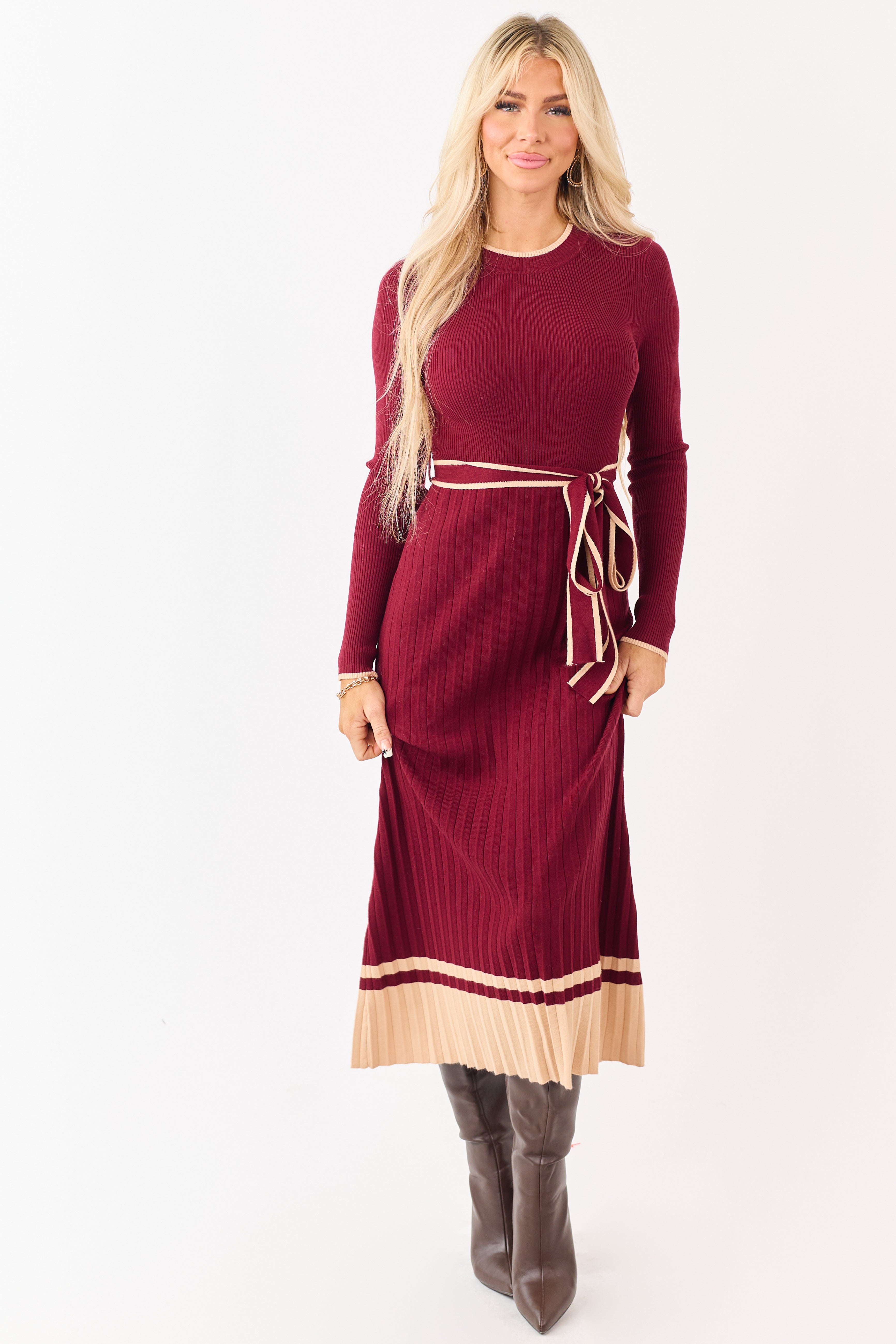 Wine Rib Knit Waist Tie Sweater Midi Dress
