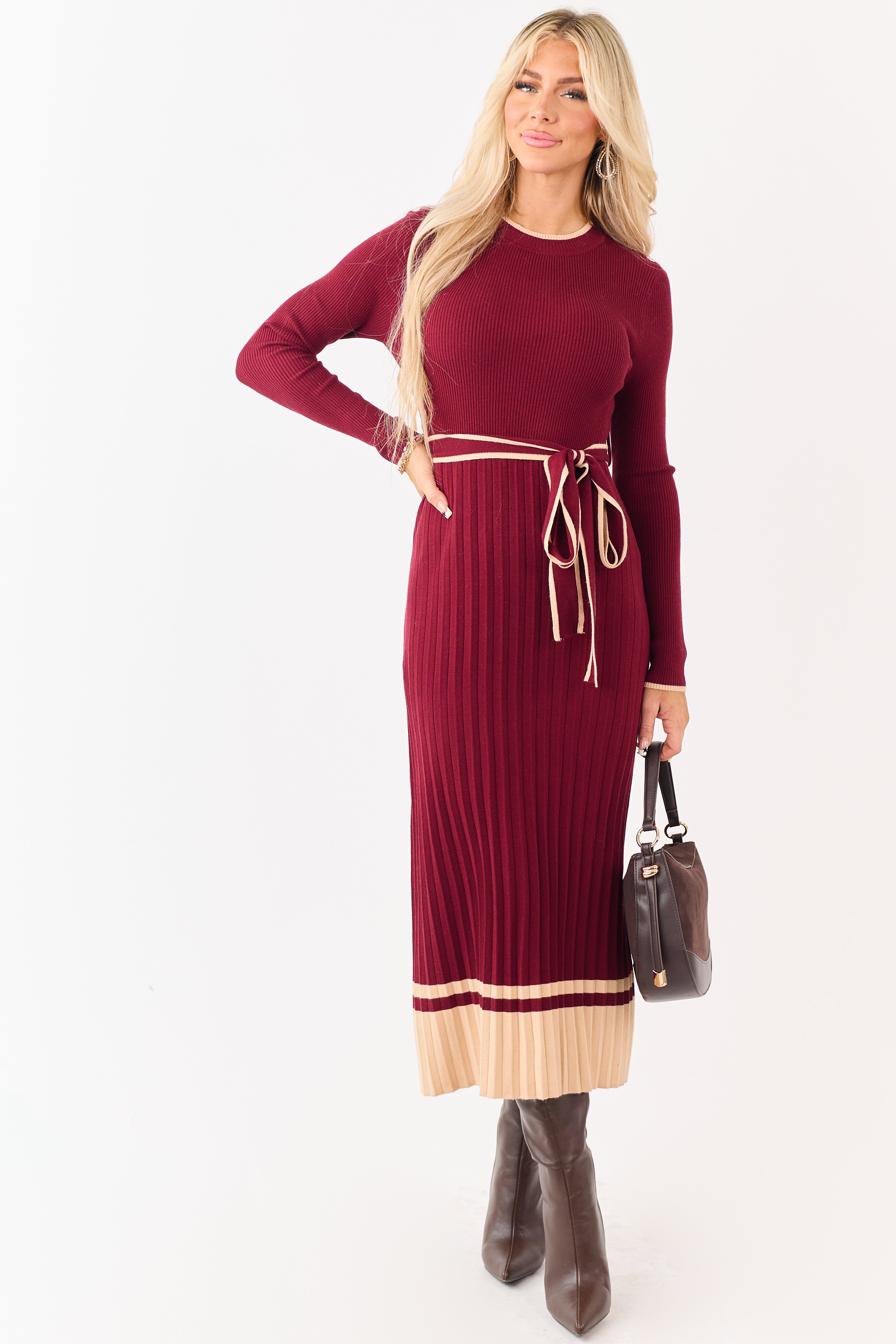 Wine Rib Knit Waist Tie Sweater Midi Dress