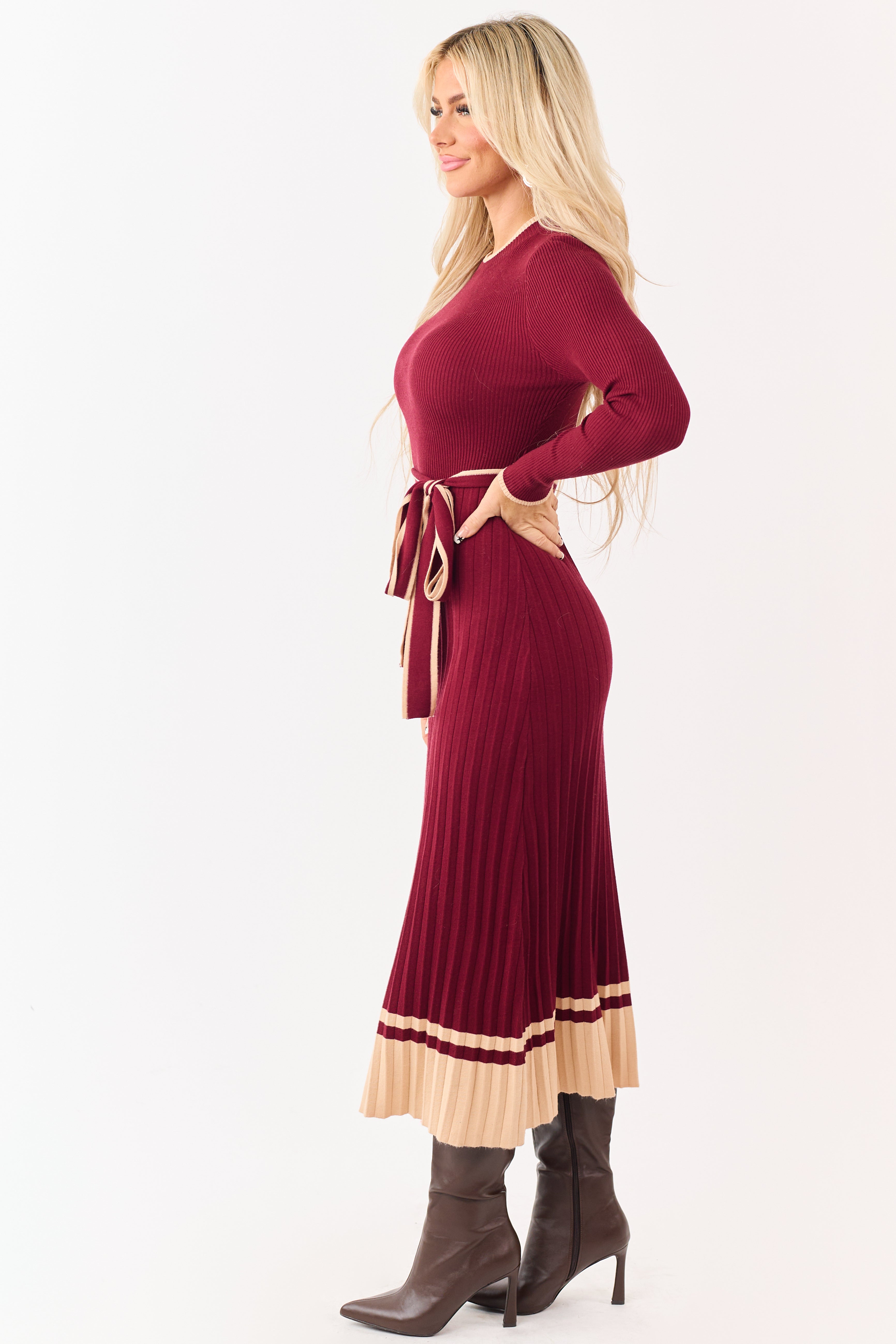 Wine Rib Knit Waist Tie Sweater Midi Dress