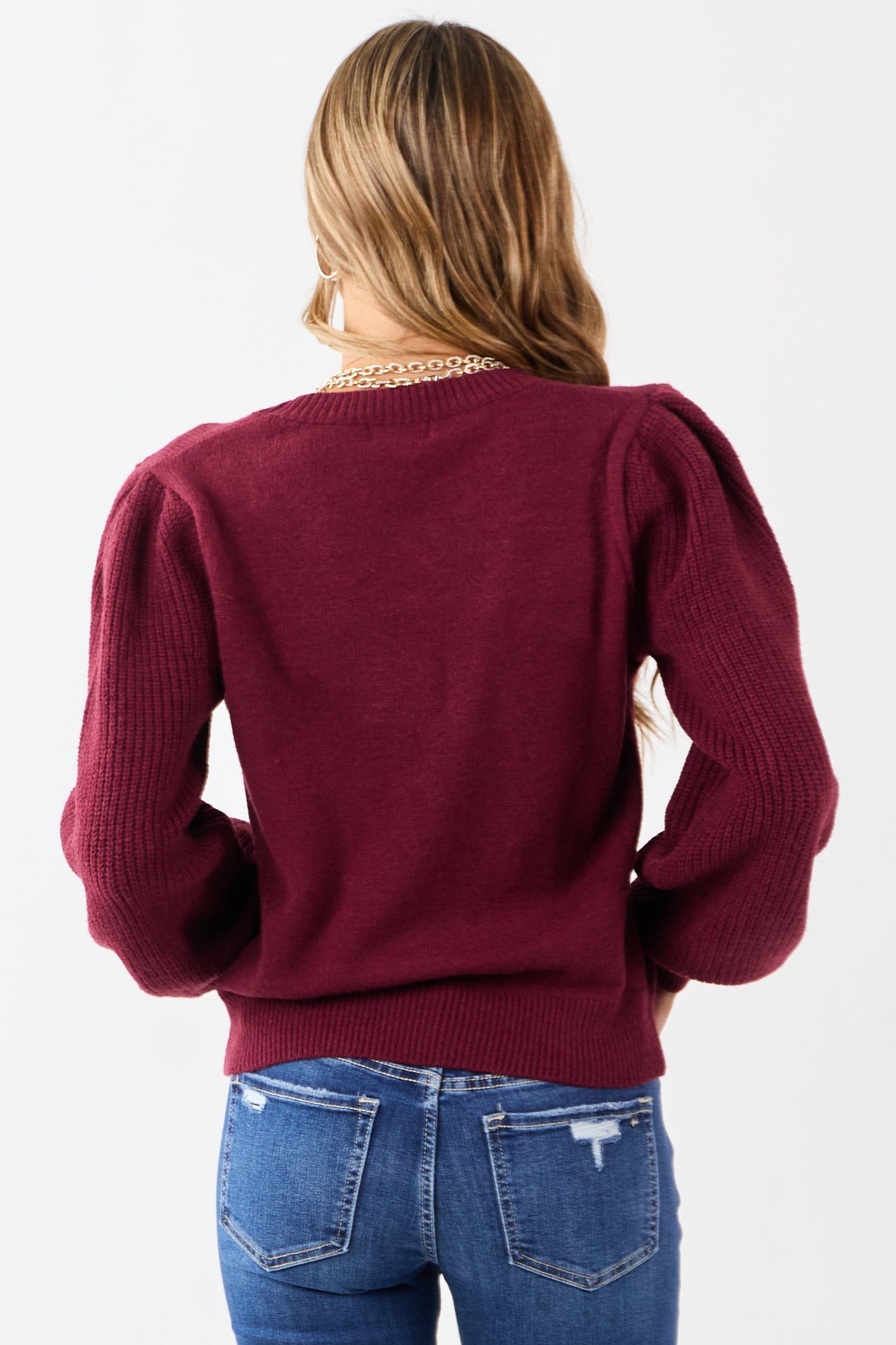Wine Ribbed Knit Puff Long Sleeve Sweater