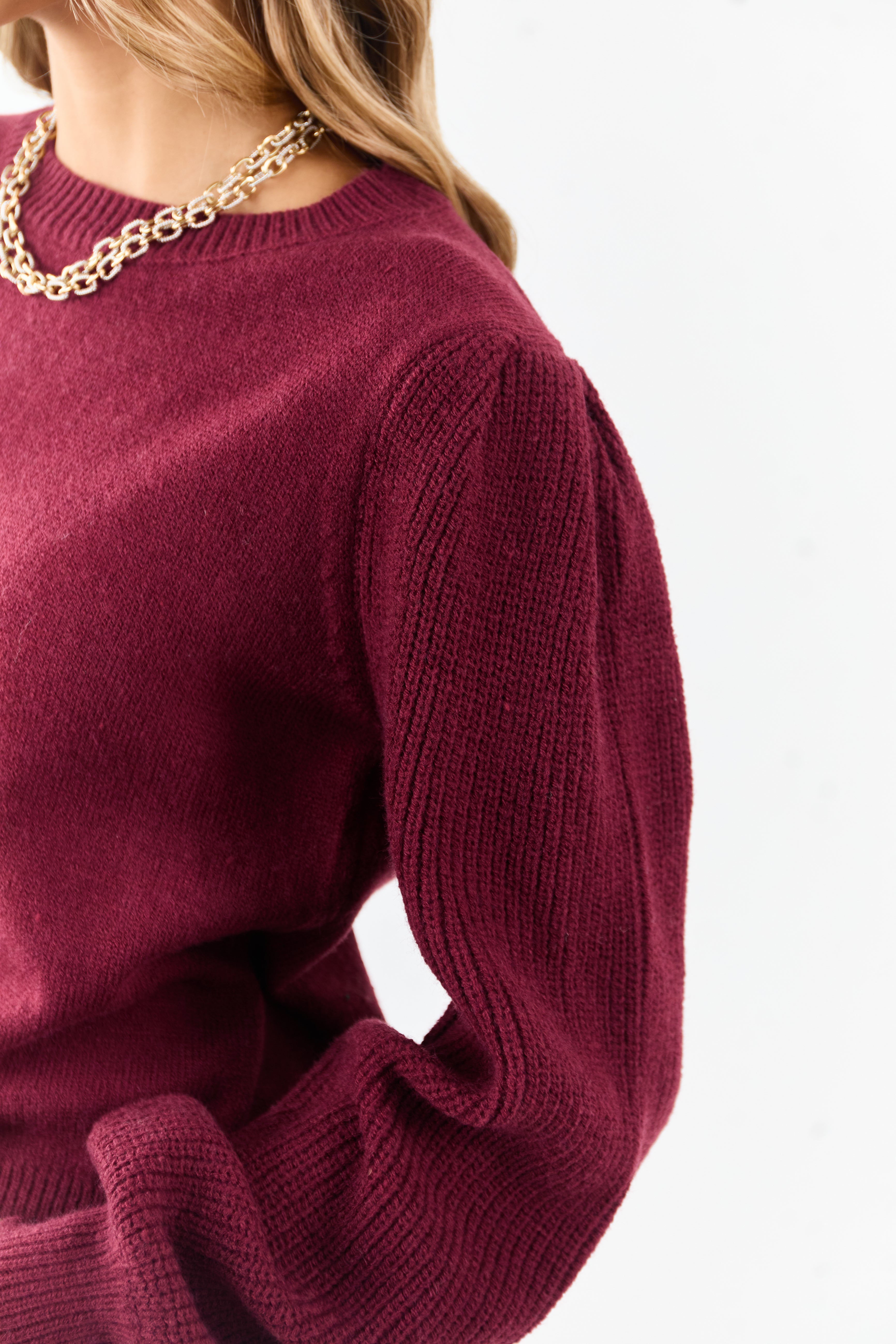 Wine Ribbed Knit Puff Long Sleeve Sweater