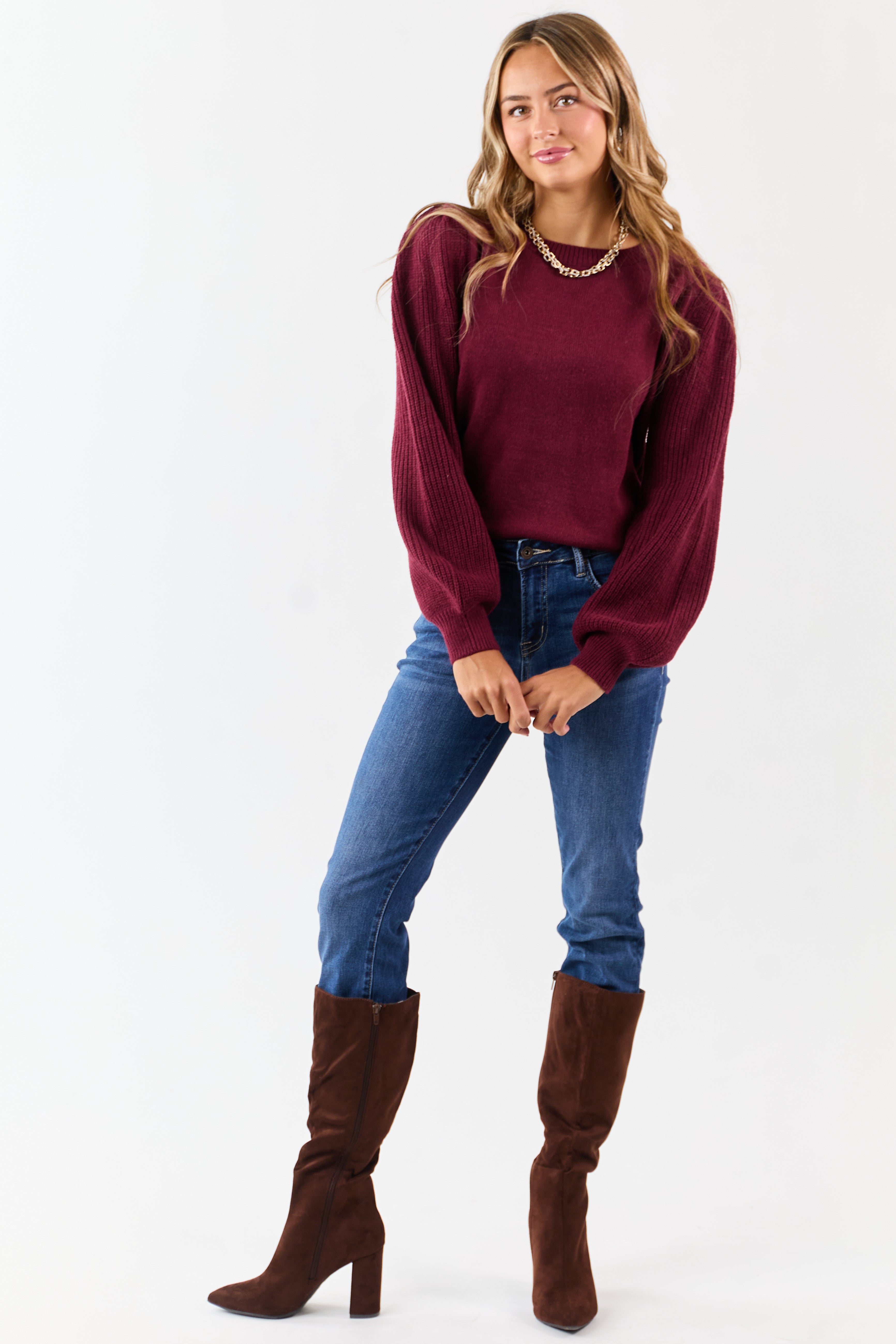 Wine Ribbed Knit Puff Long Sleeve Sweater