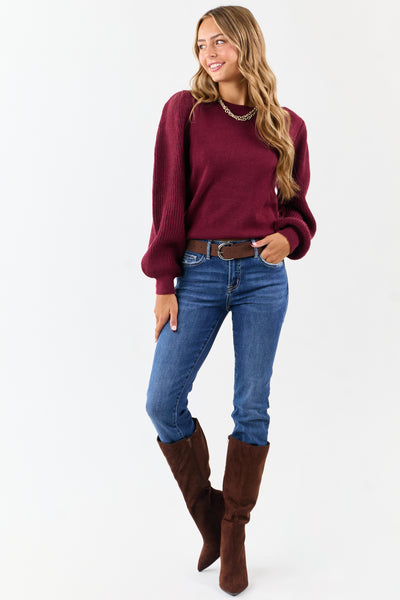 Wine Ribbed Knit Puff Long Sleeve Sweater