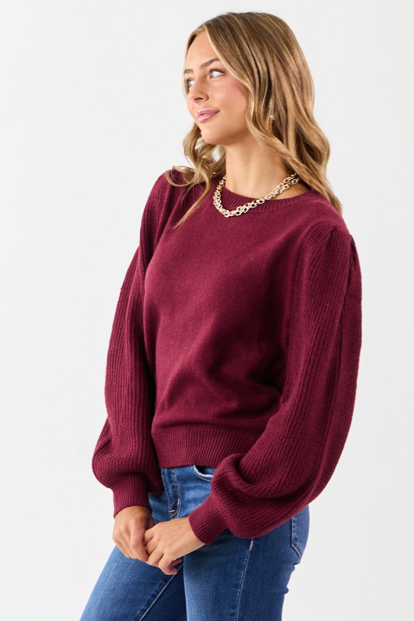Wine Ribbed Knit Puff Long Sleeve Sweater