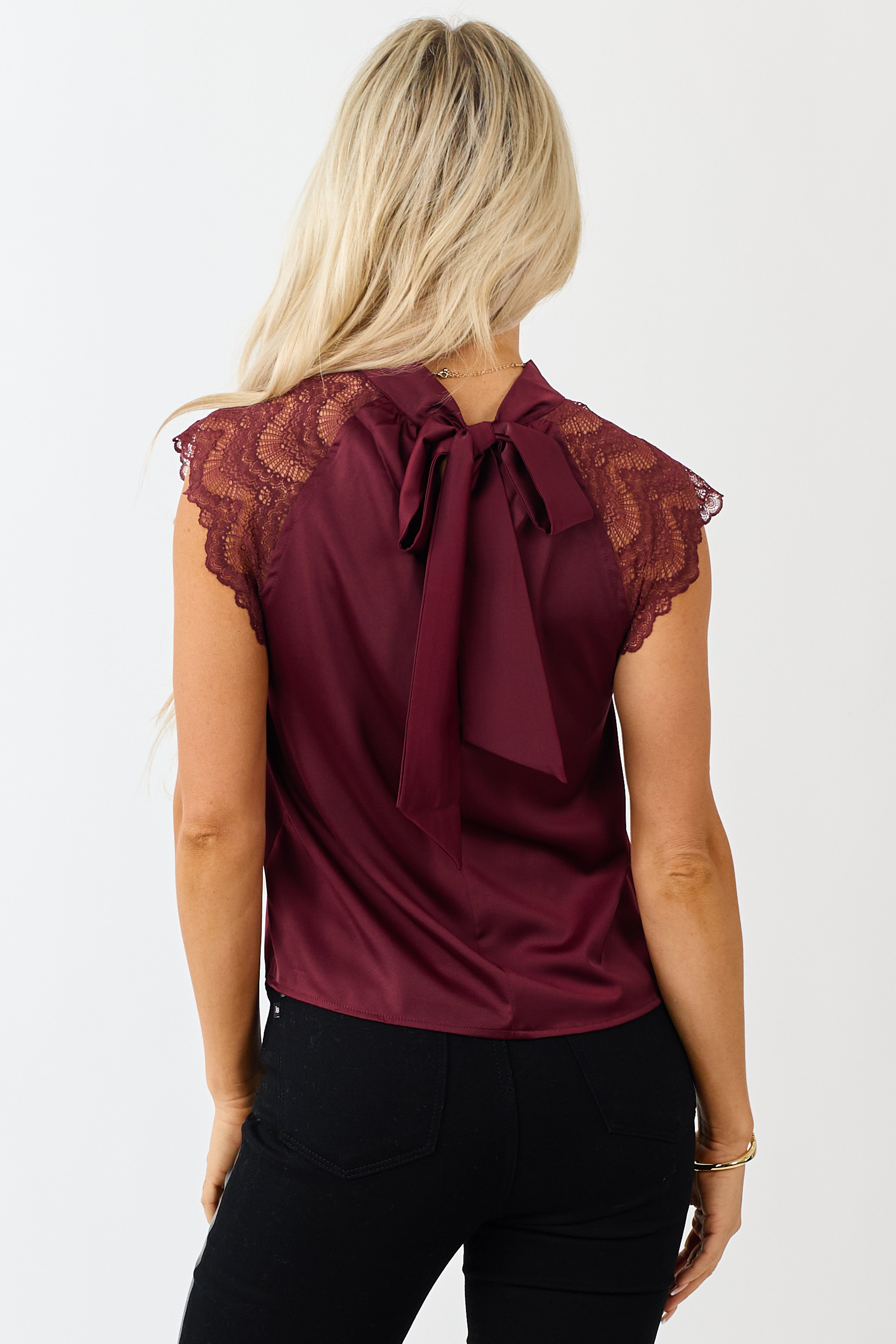 Wine Satin Bow Lace Cap Sleeve Blouse