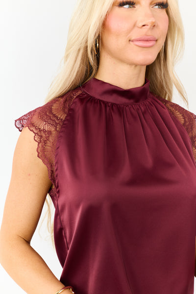 Wine Satin Bow Lace Cap Sleeve Blouse