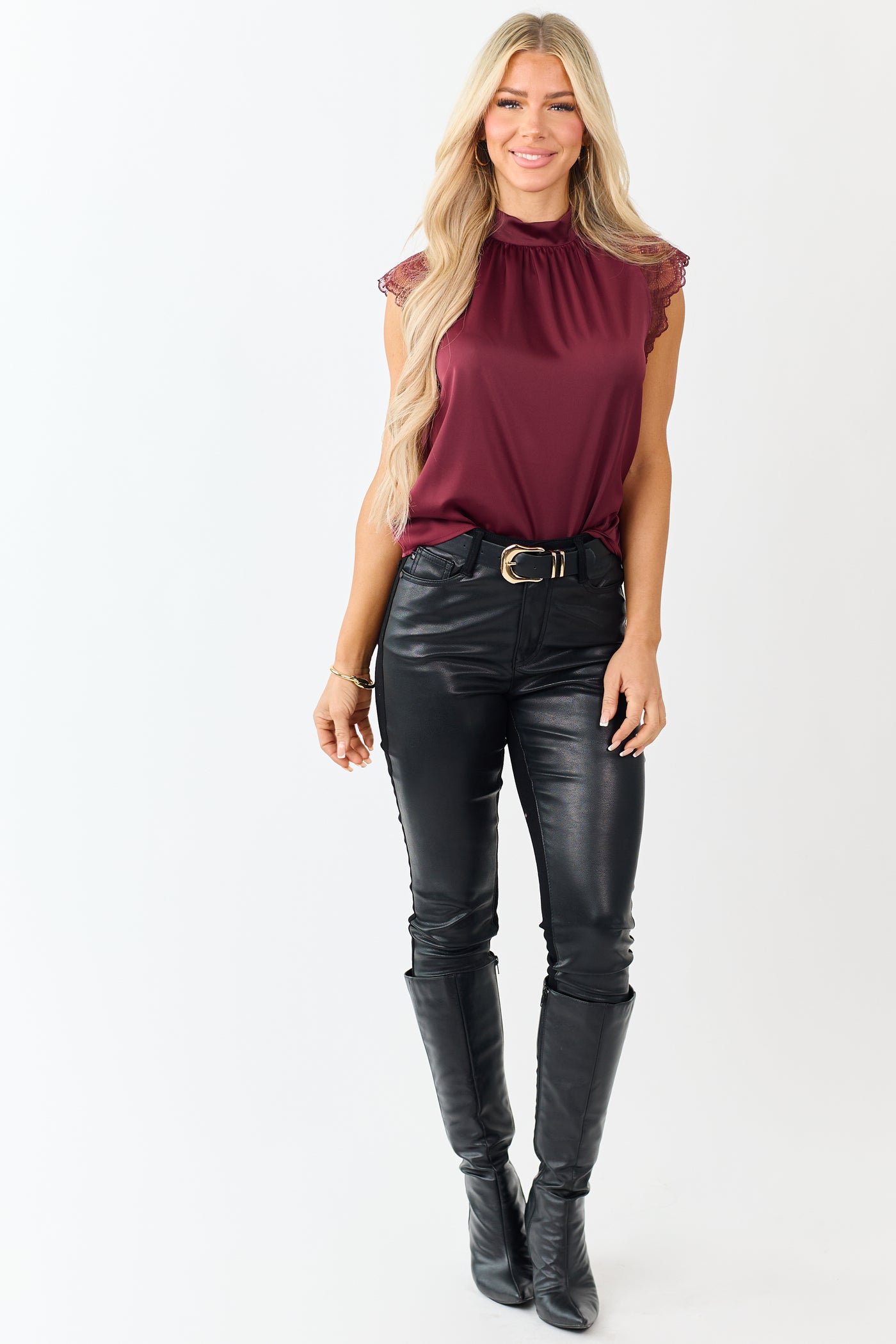 Wine Satin Bow Lace Cap Sleeve Blouse