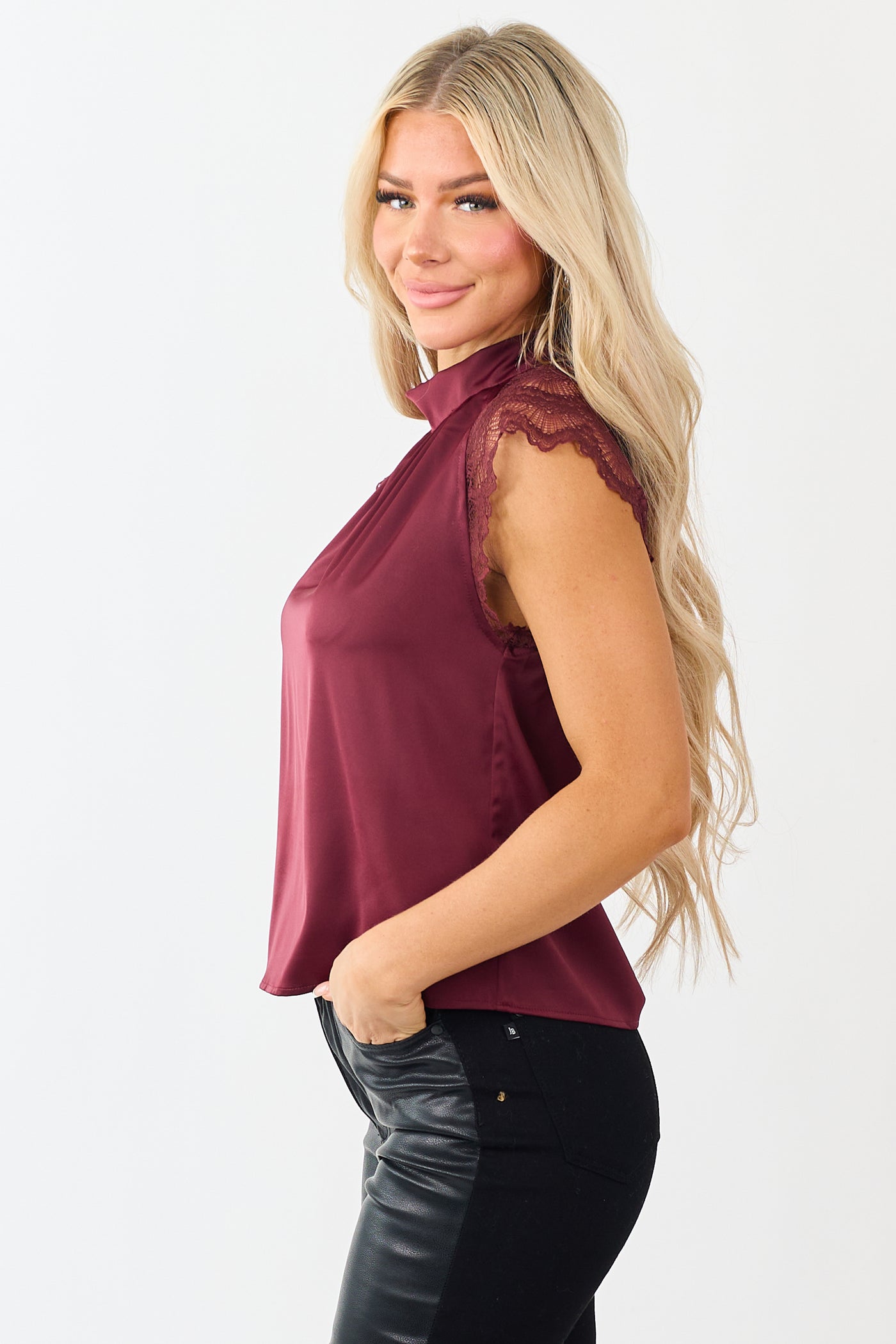 Wine Satin Bow Lace Cap Sleeve Blouse