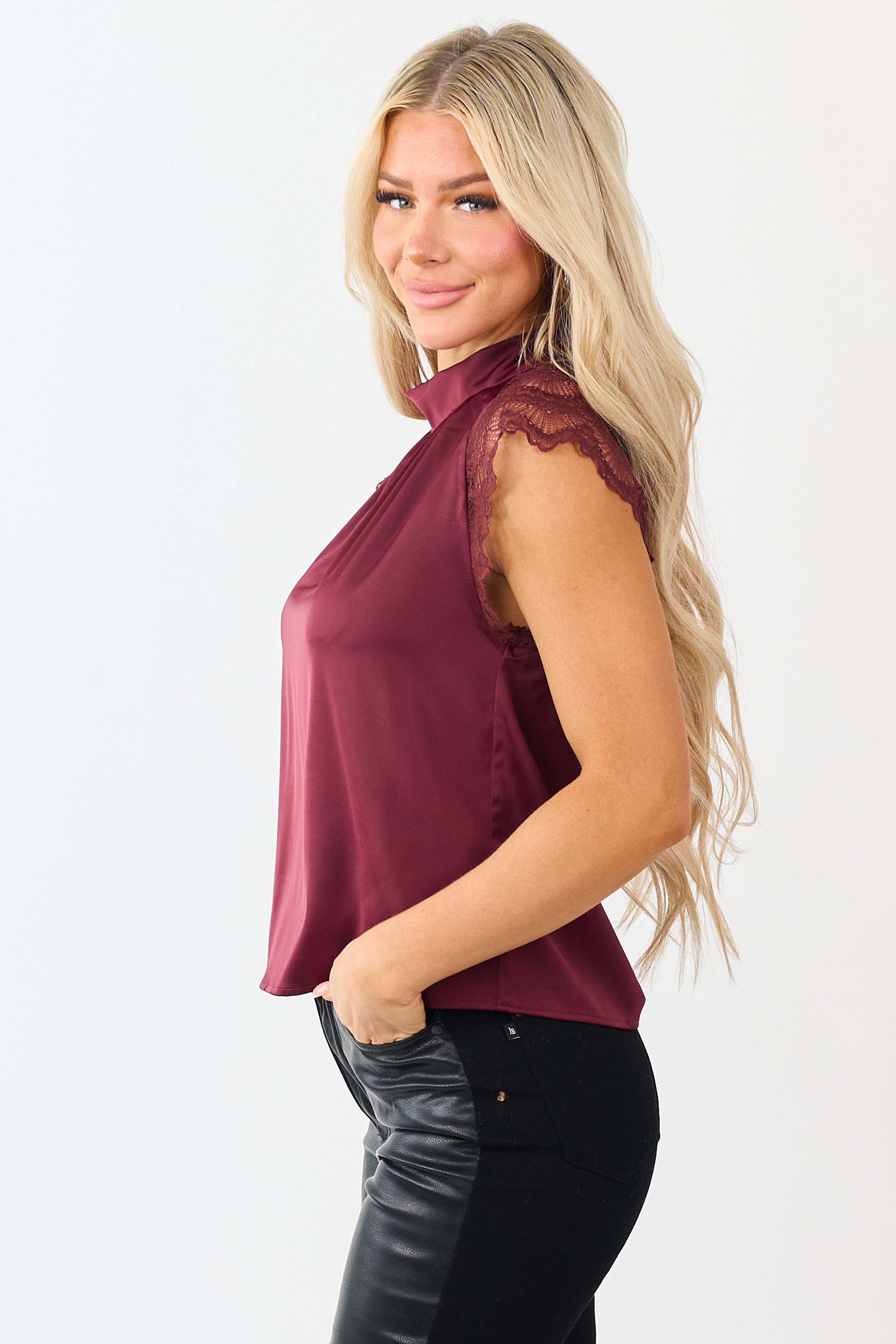 Wine Satin Bow Lace Cap Sleeve Blouse