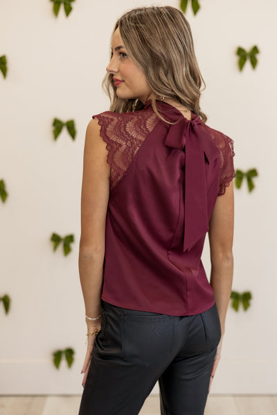 Wine Satin Bow Lace Cap Sleeve Blouse