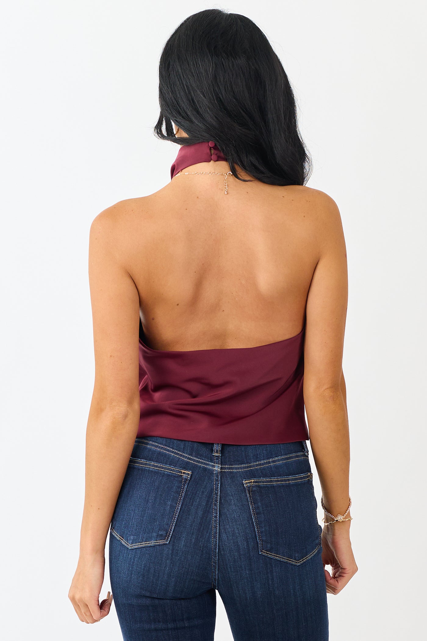Wine Satin Flowy Halter Neck Open Back Top