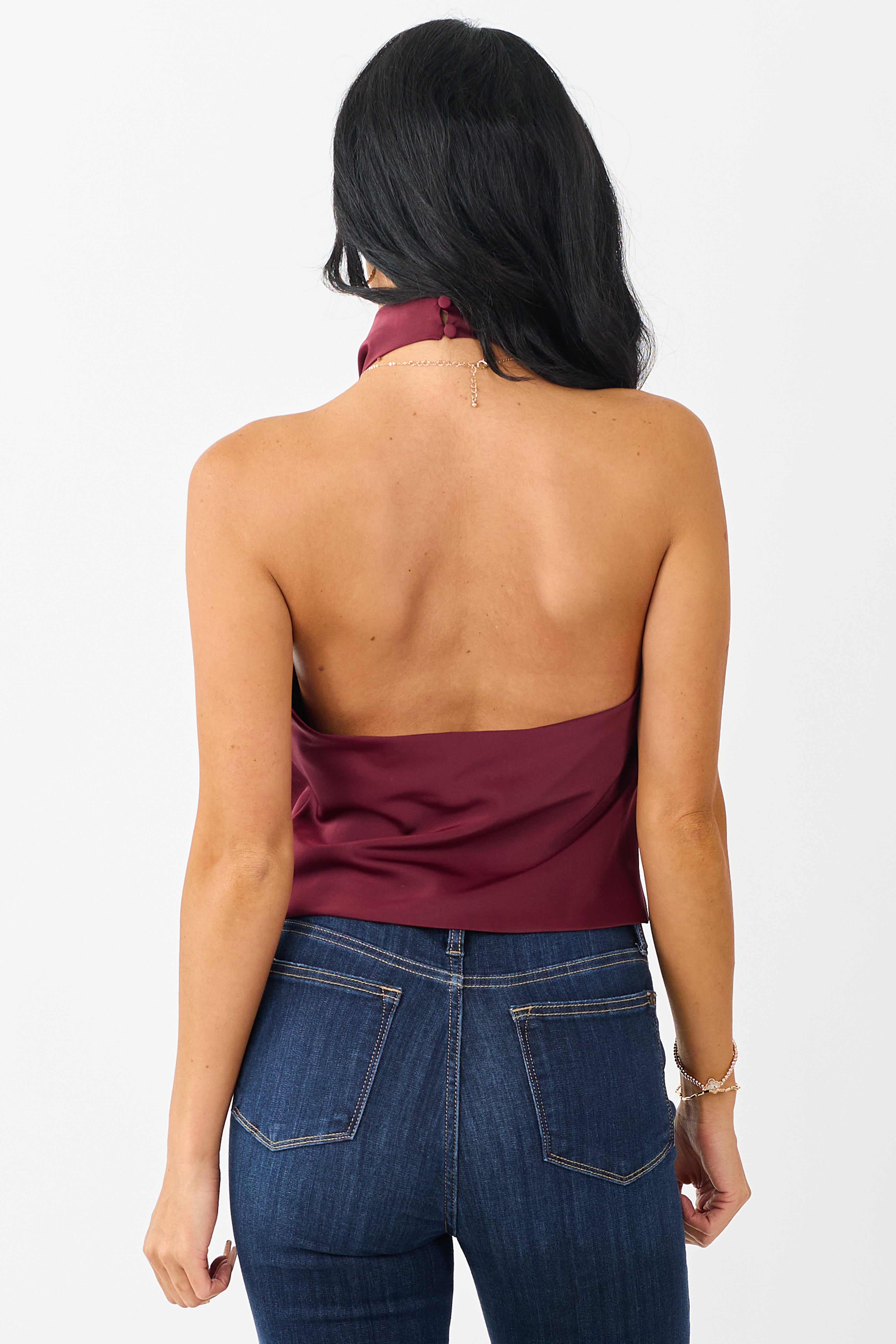 Wine Satin Flowy Halter Neck Open Back Top