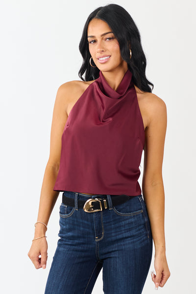 Wine Satin Flowy Halter Neck Open Back Top