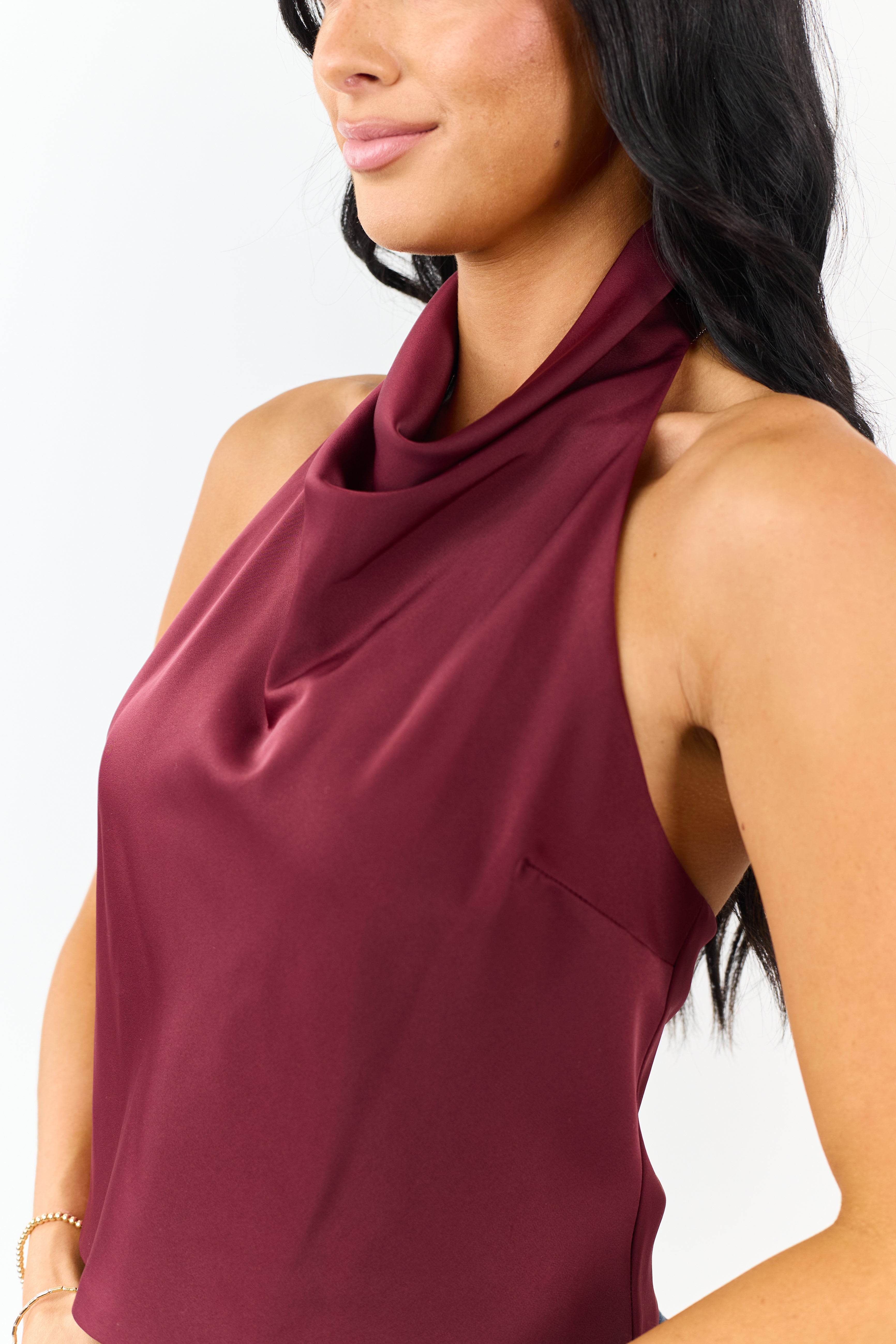 Wine Satin Flowy Halter Neck Open Back Top
