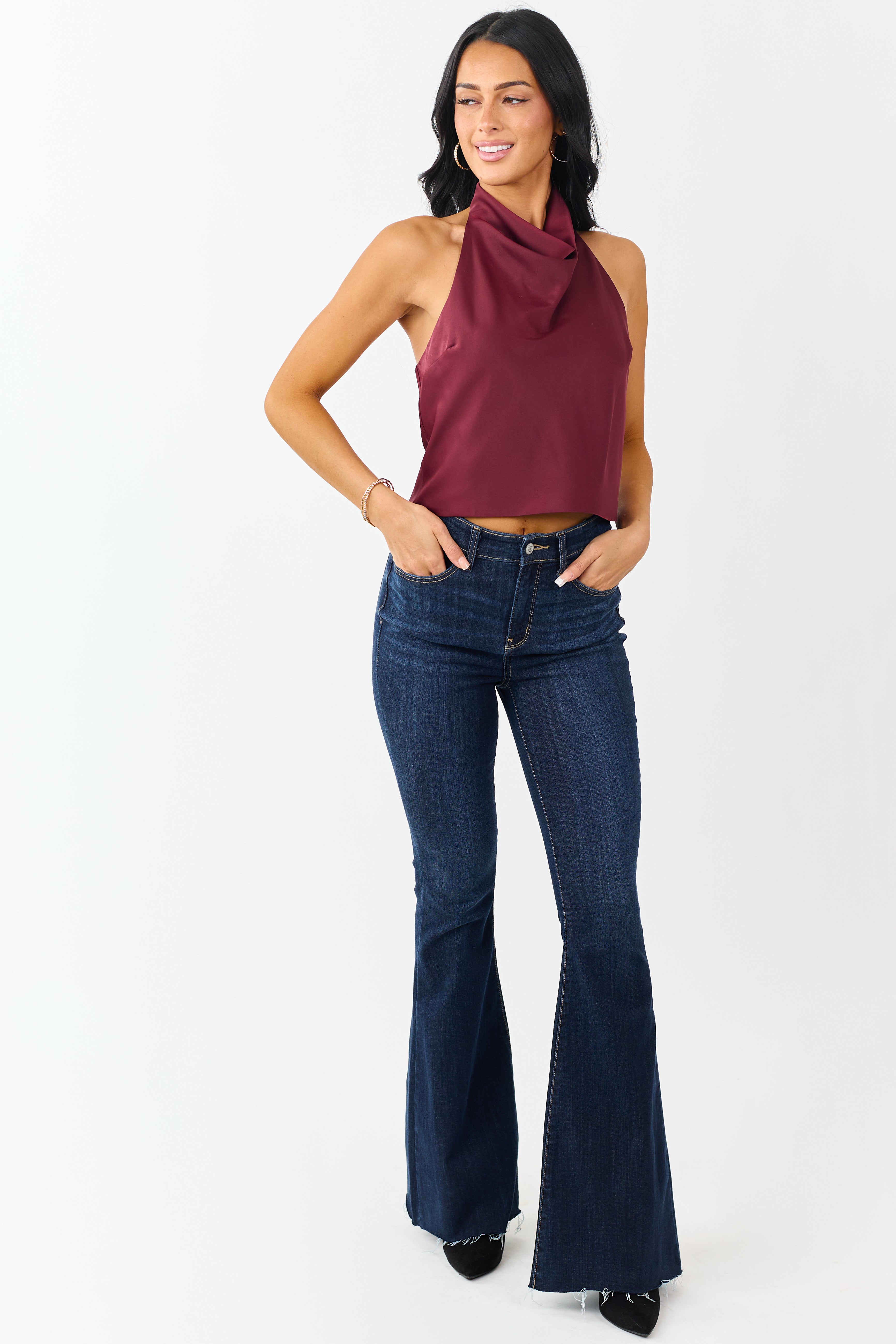 Wine Satin Flowy Halter Neck Open Back Top