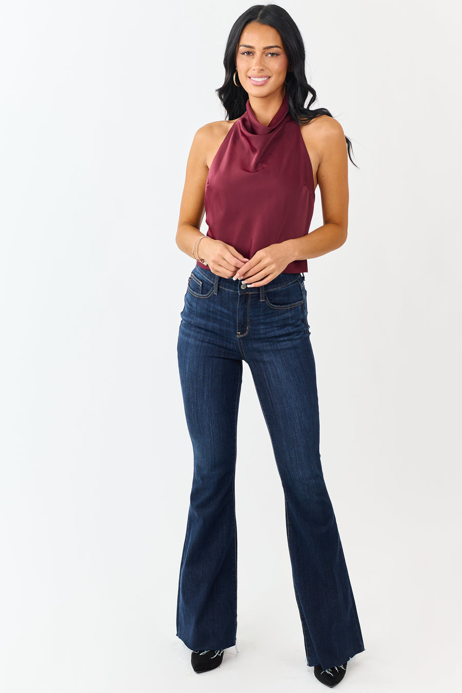 Wine Satin Flowy Halter Neck Open Back Top