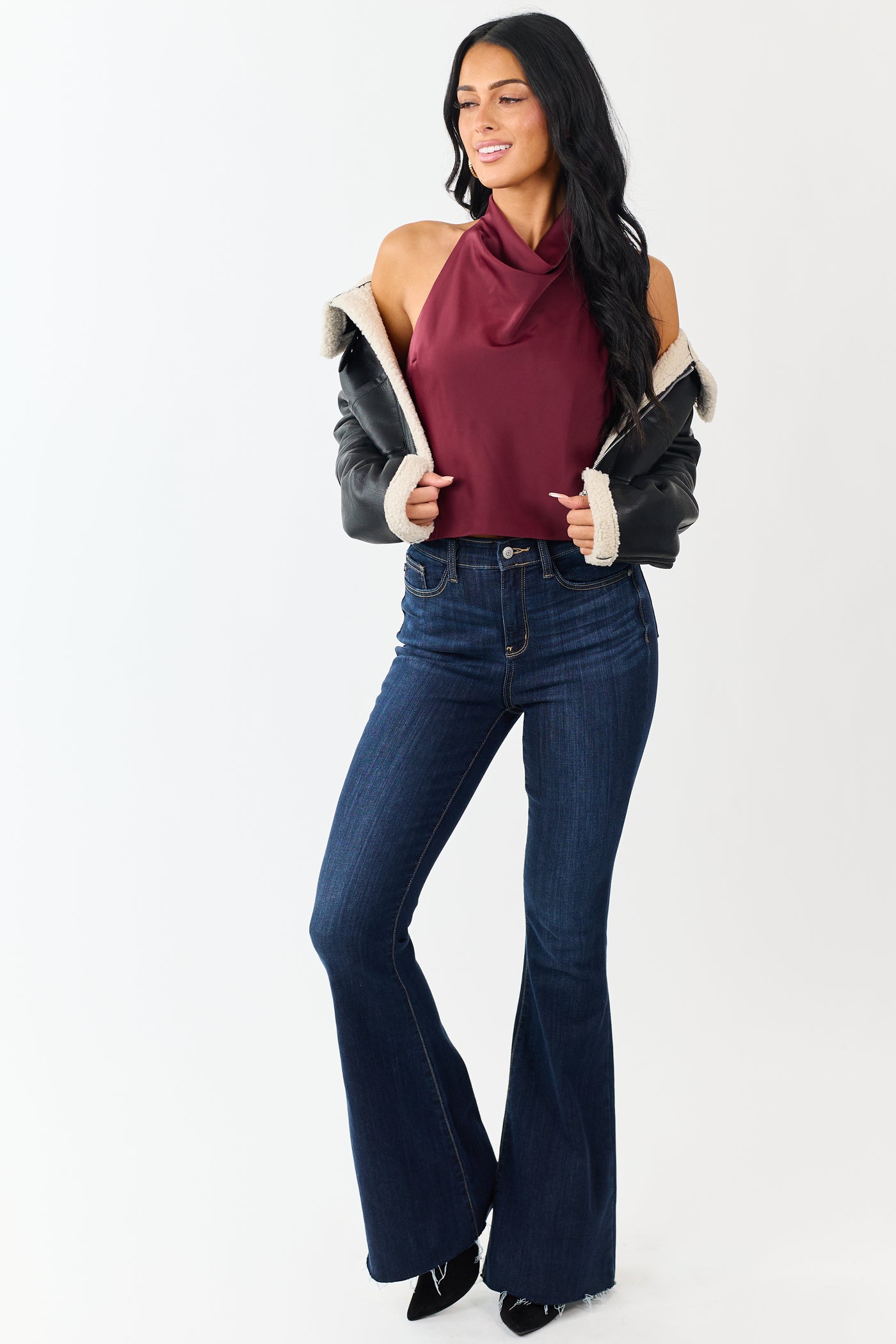 Wine Satin Flowy Halter Neck Open Back Top