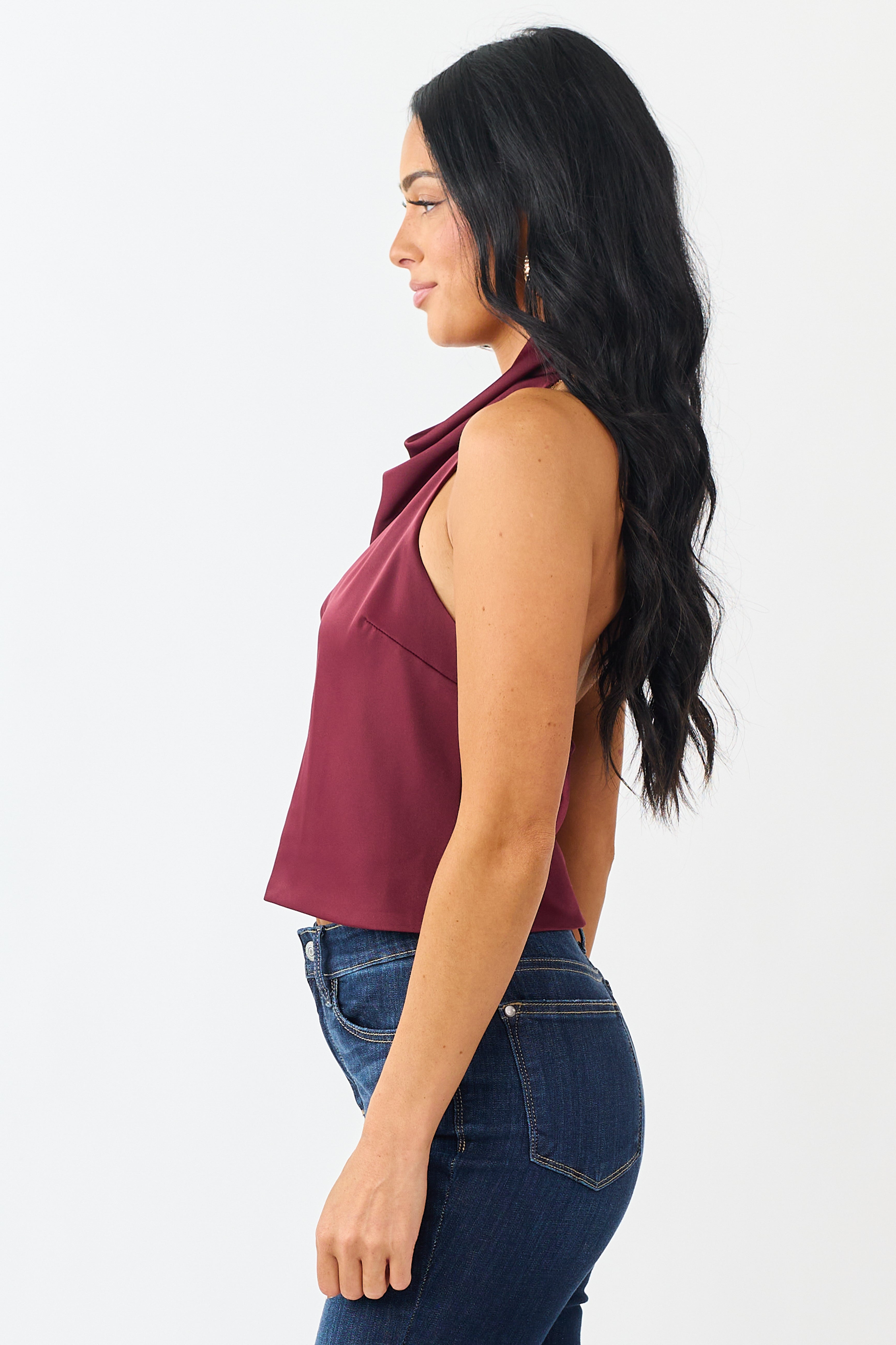 Wine Satin Flowy Halter Neck Open Back Top