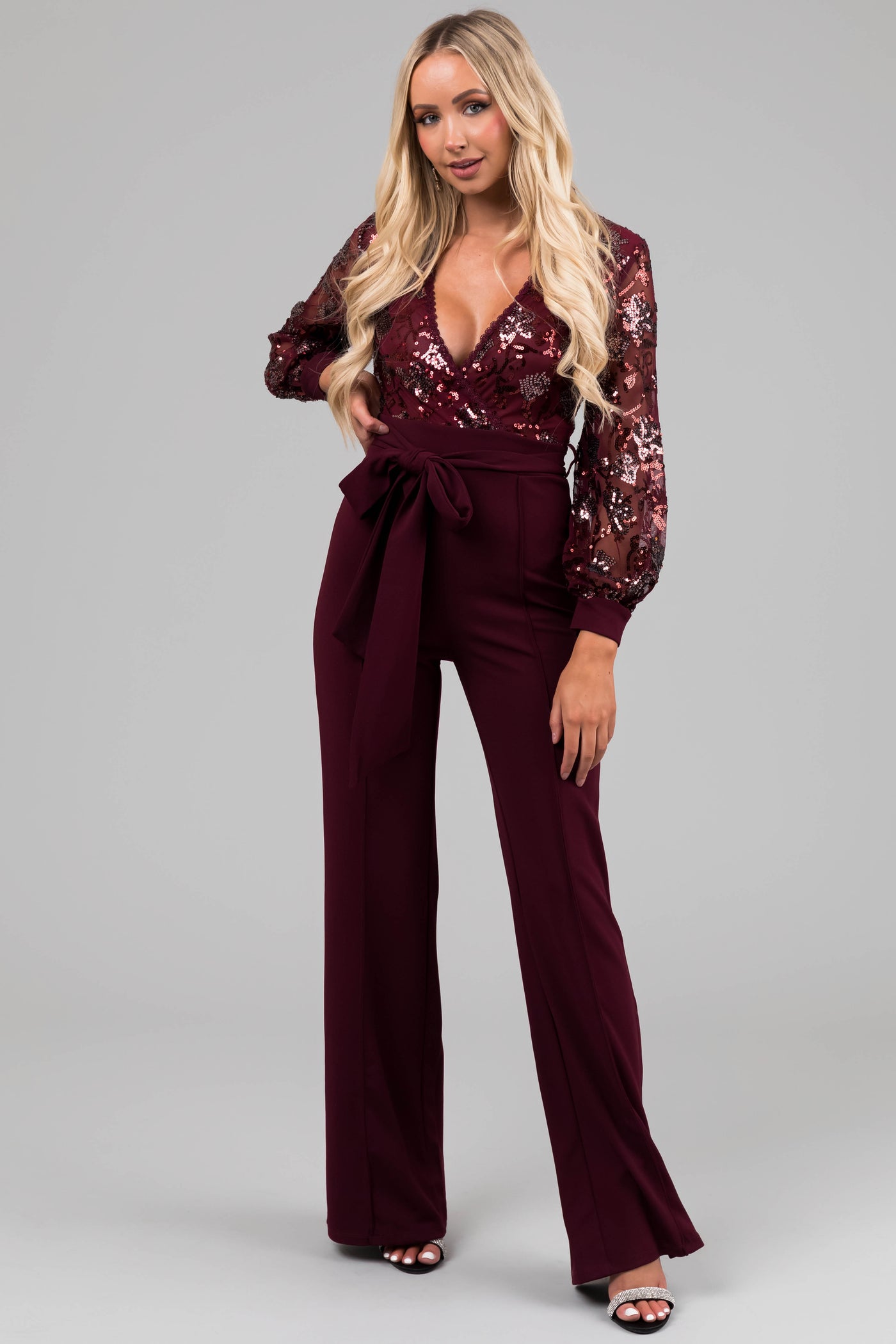 Wine Sequin Deep V Neck Wide Leg Jumpsuit