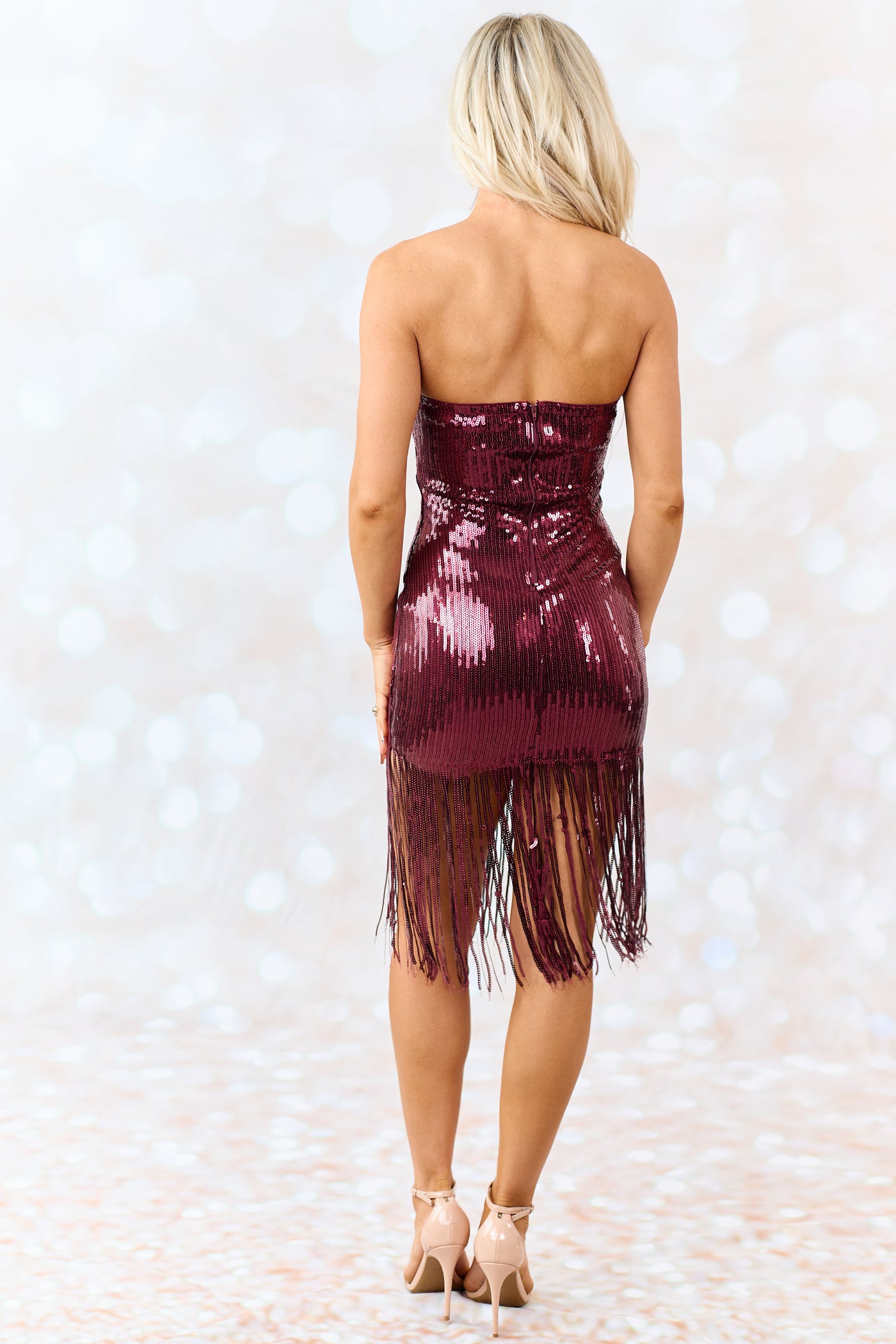 Wine Sequin Strapless Fringe Hem Mini Dress