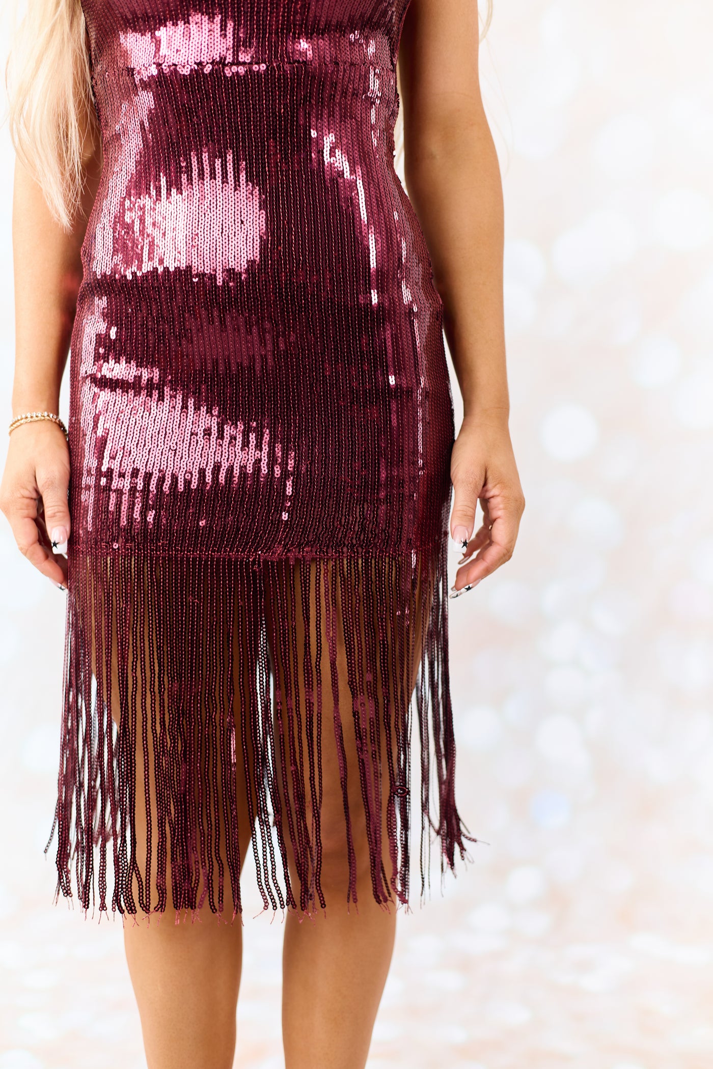Wine Sequin Strapless Fringe Hem Mini Dress