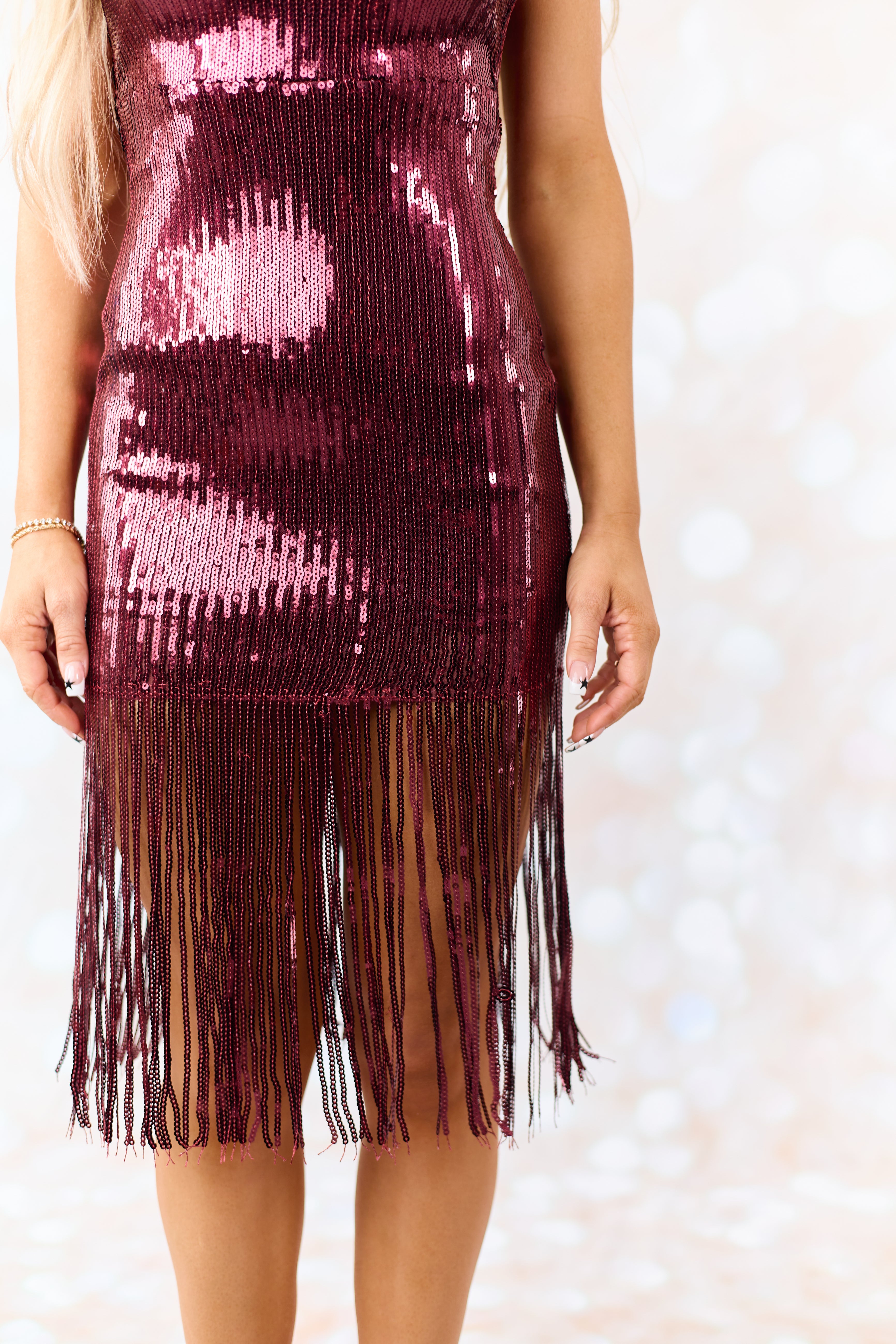 Wine Sequin Strapless Fringe Hem Mini Dress