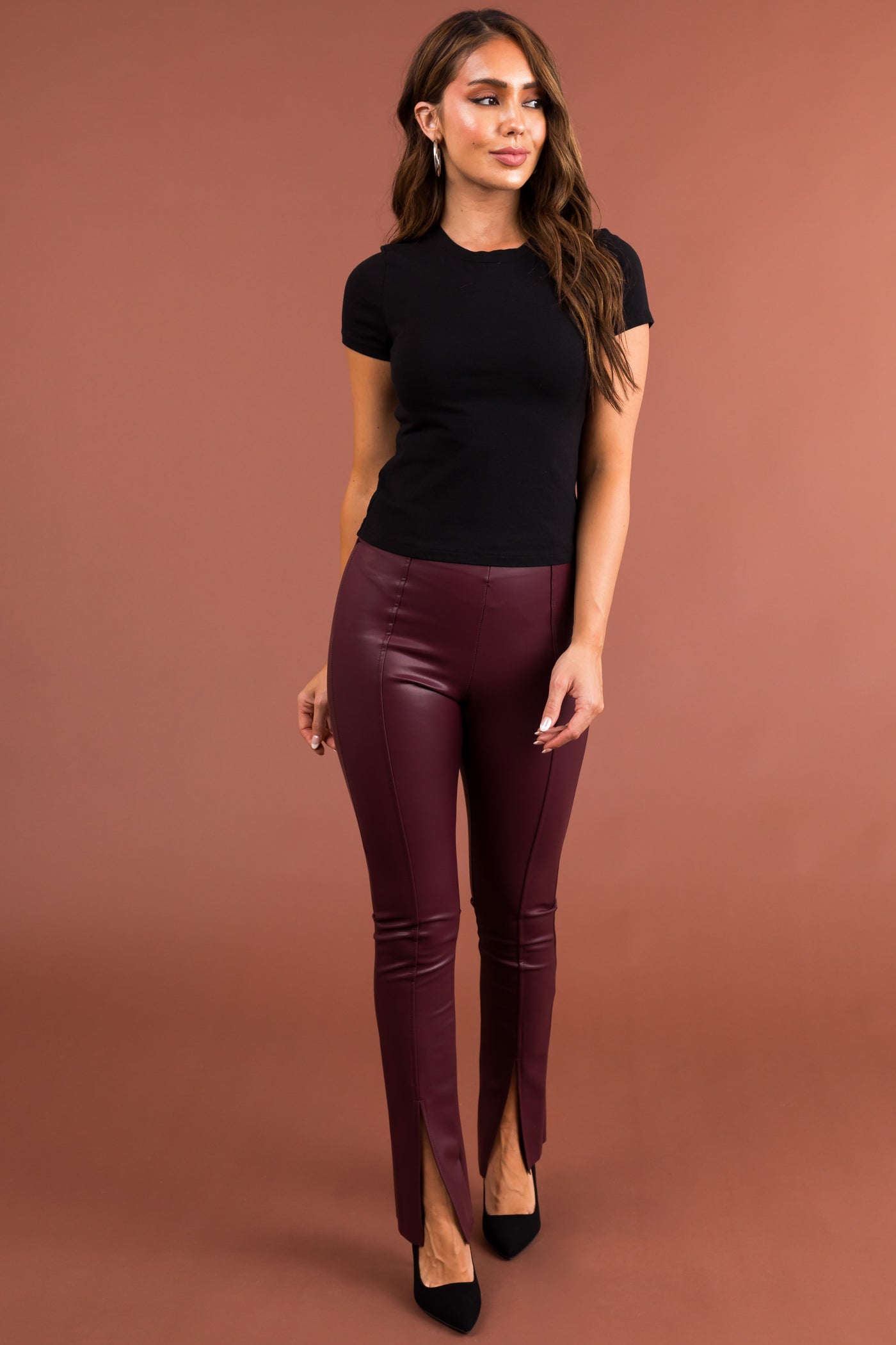 Wine Slit Hem Faux Leather Leggings