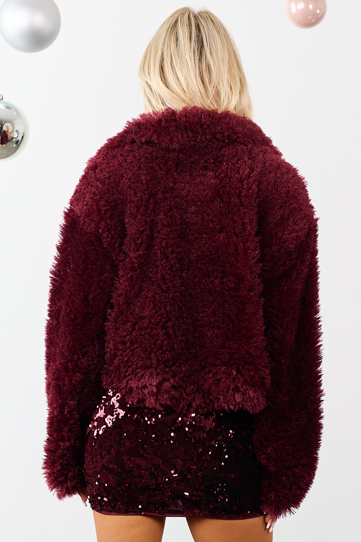 Wine Soft Fuzzy Textured Open Front Collared Coat