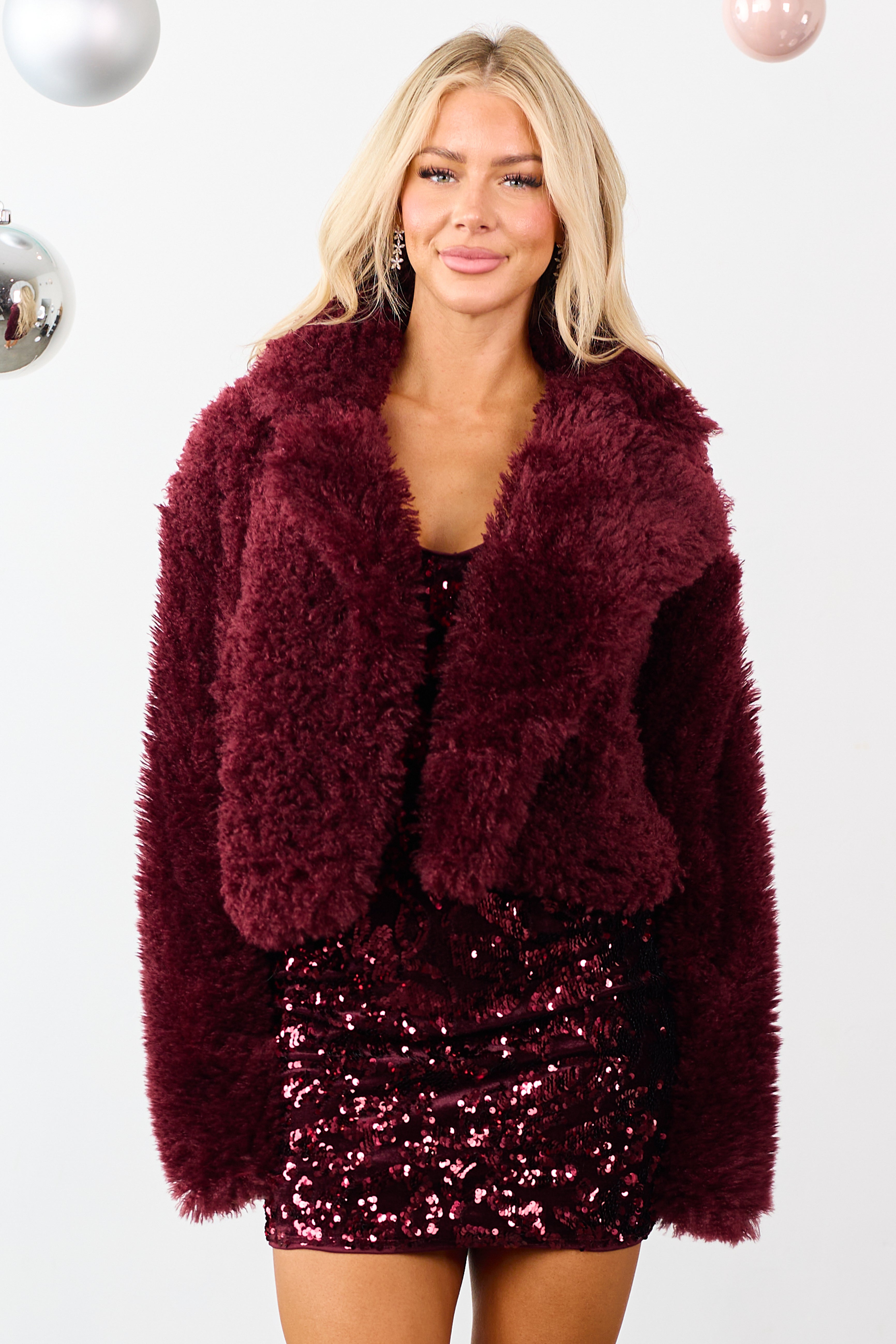 Wine Soft Fuzzy Textured Open Front Collared Coat