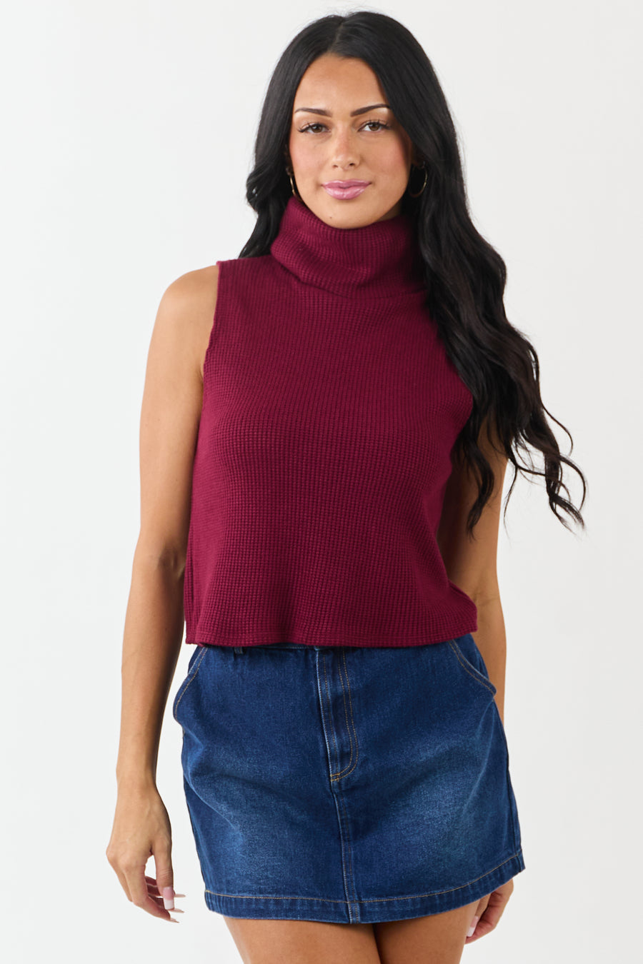 Wine Soft Knit Turtleneck Sweater Tank Top