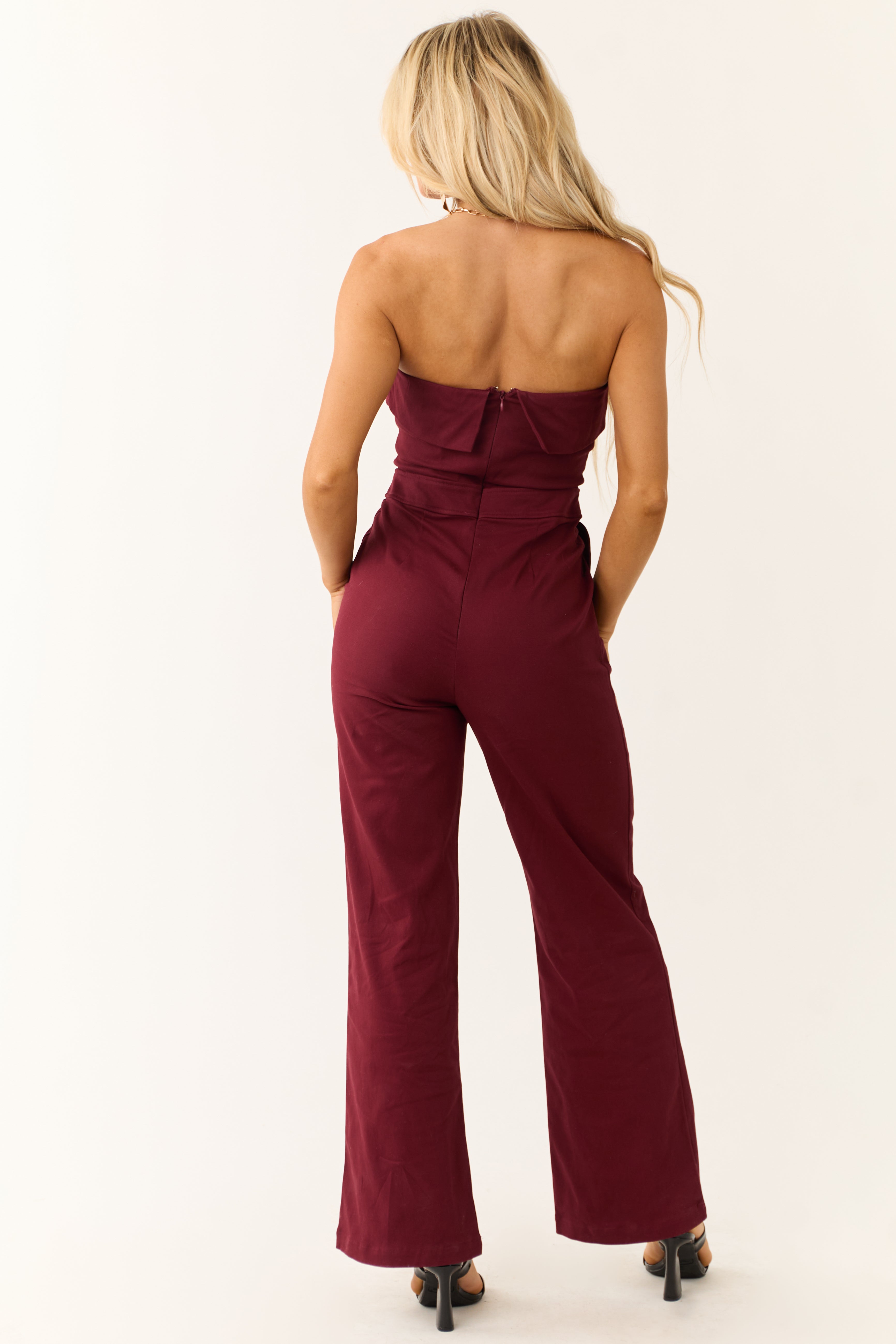 Wine Strapless Zip Up Front Jumpsuit | Lime Lush Boutique